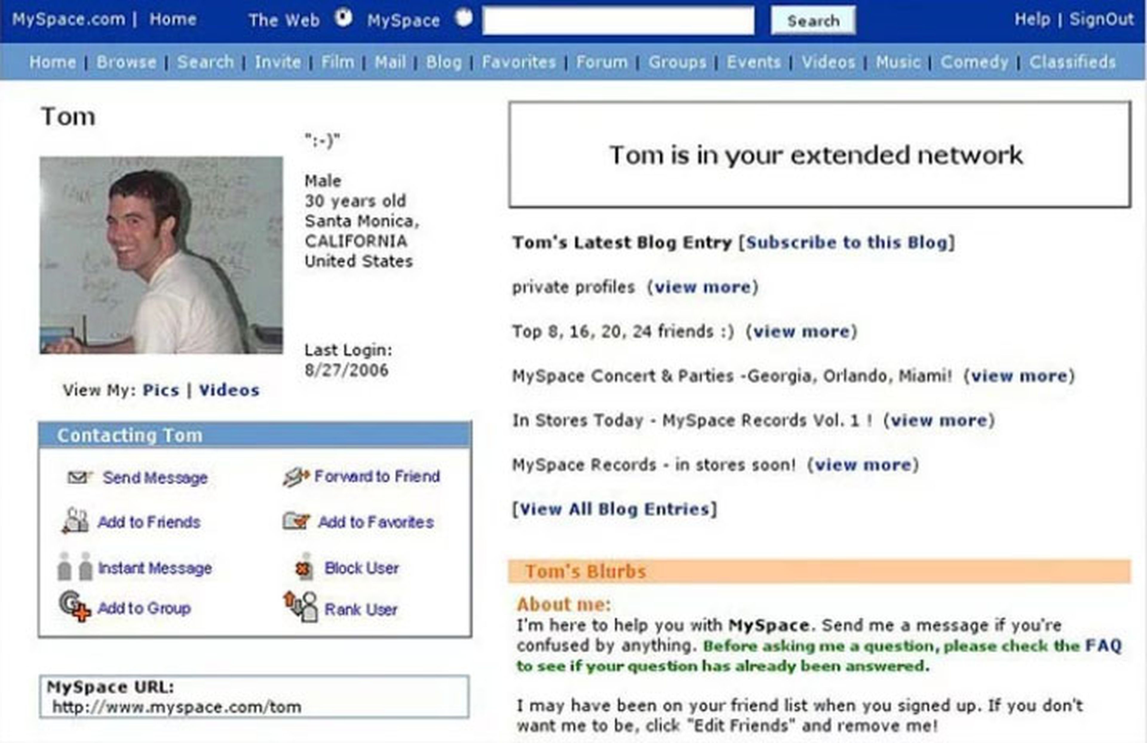 Tom, el primer amigo que te aparecía cuando abrías una cuenta de MySpace