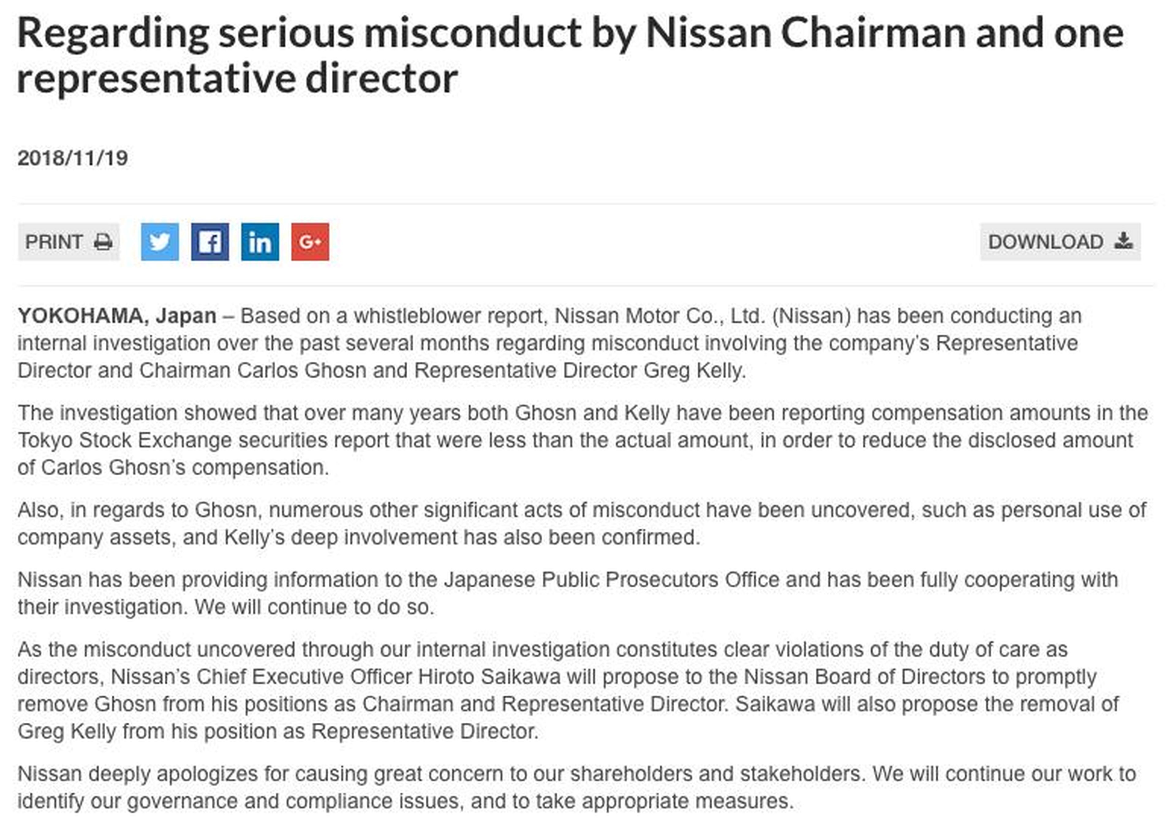 El comunicado de Nissan sobre Ghosn