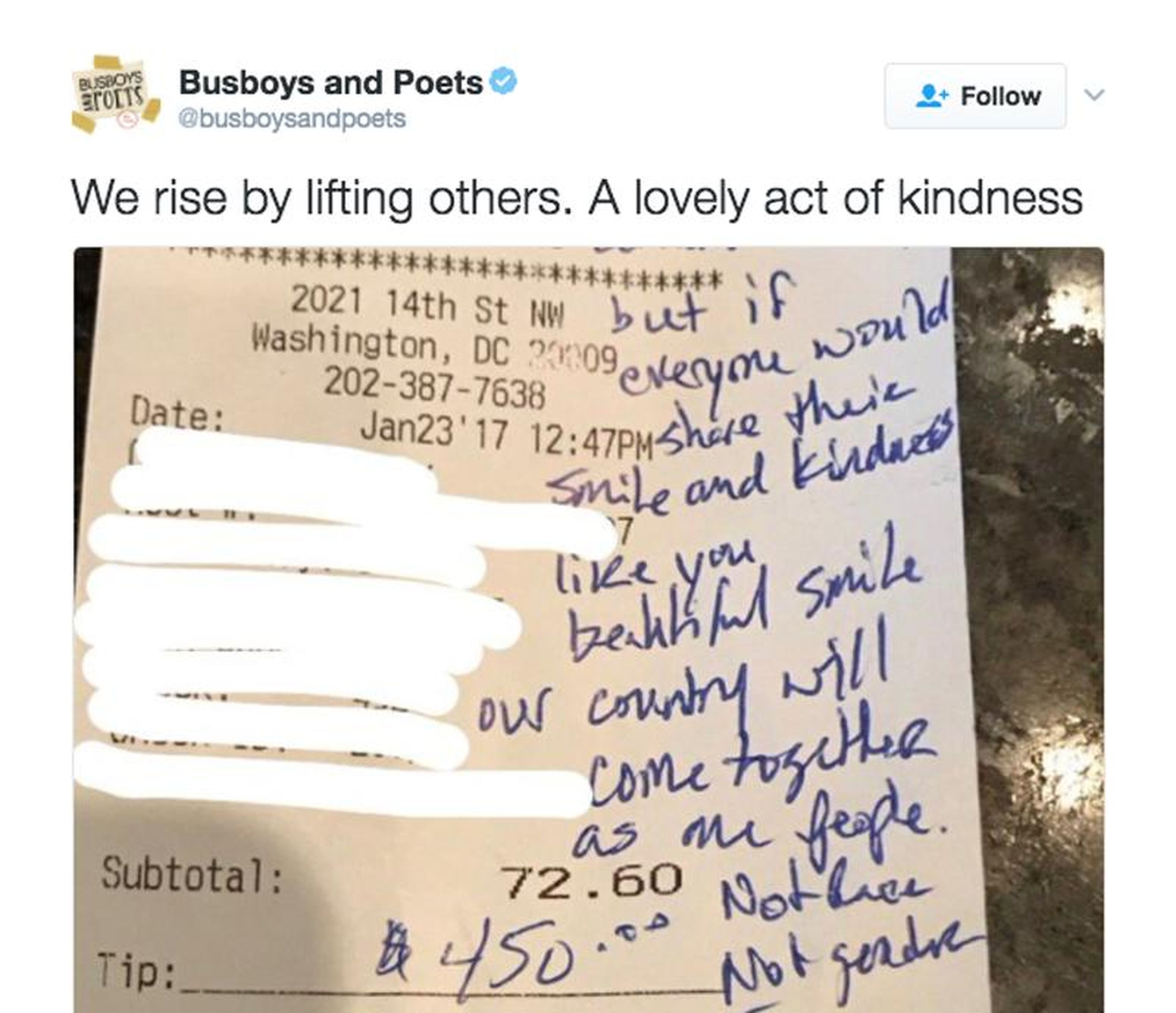 Jason White left a $450 tip for his waitress — and a message about what makes America great.
