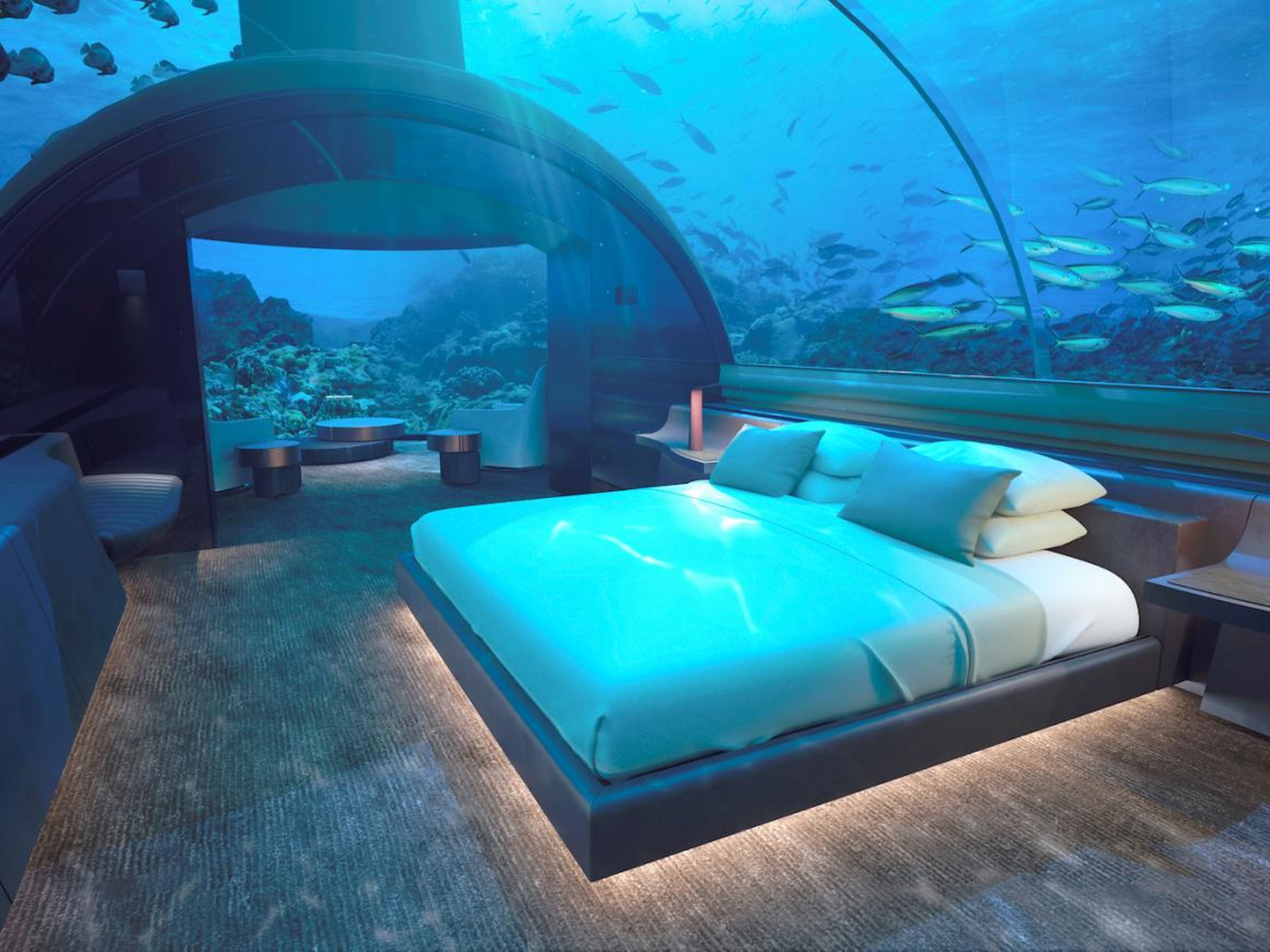 The undersea master bedroom, which fits a king-size bed, offers 180-degree views of sea life for an otherworldly experience. You can even wash your hands and shower while watching the fish swim by.