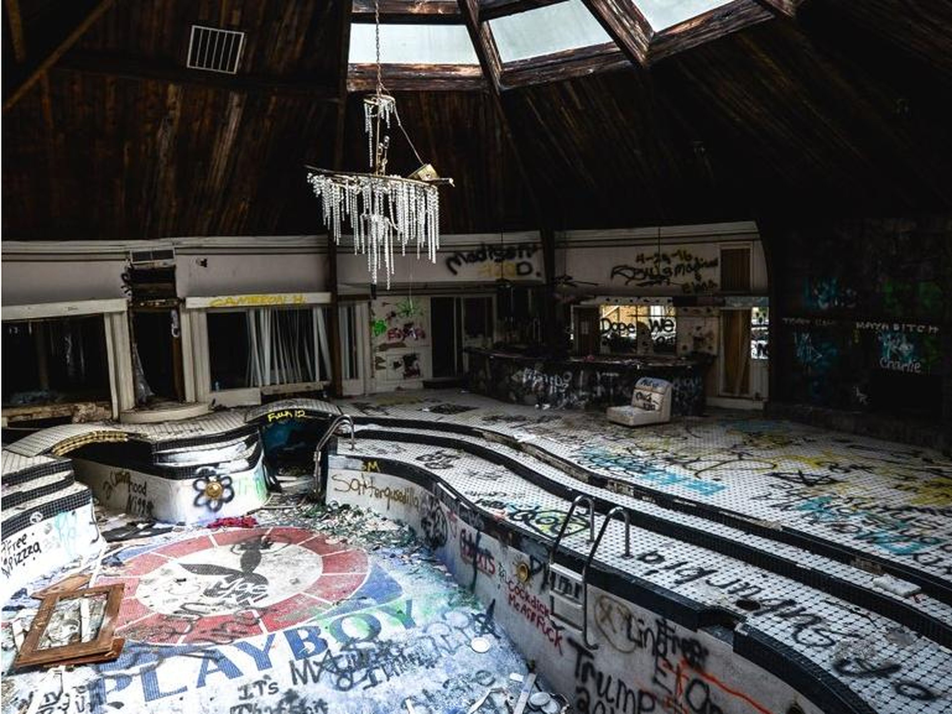 The unique structure felt into decay after Hull was arrested for tax evasion. The now-abandoned mansion is known for its Playboy bunny pool and its dramatic history.