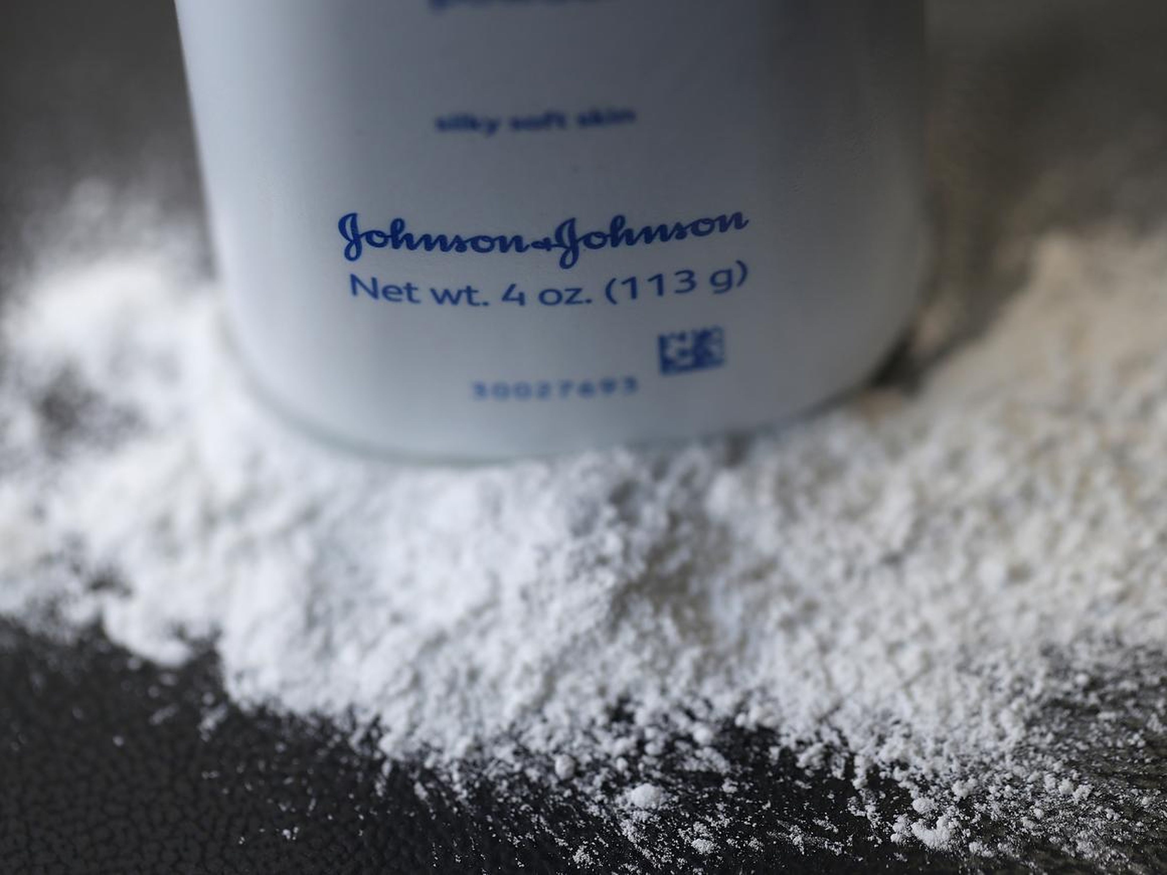 A container of Johnson's baby powder made by Johnson & Johnson.
