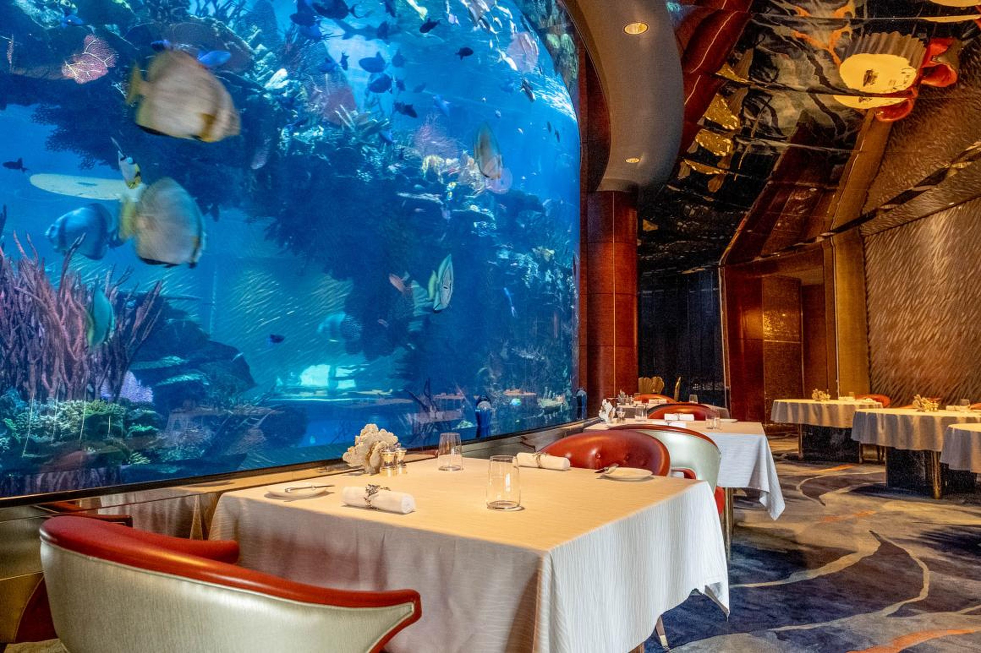 The dining room of Al Mahara wraps around a floor-to-ceiling 260,000-gallon aquarium filled with fish (not the ones you'll be eating). The staff have taken to naming the fish, like a goofy-looking Napoleon fish known as George.