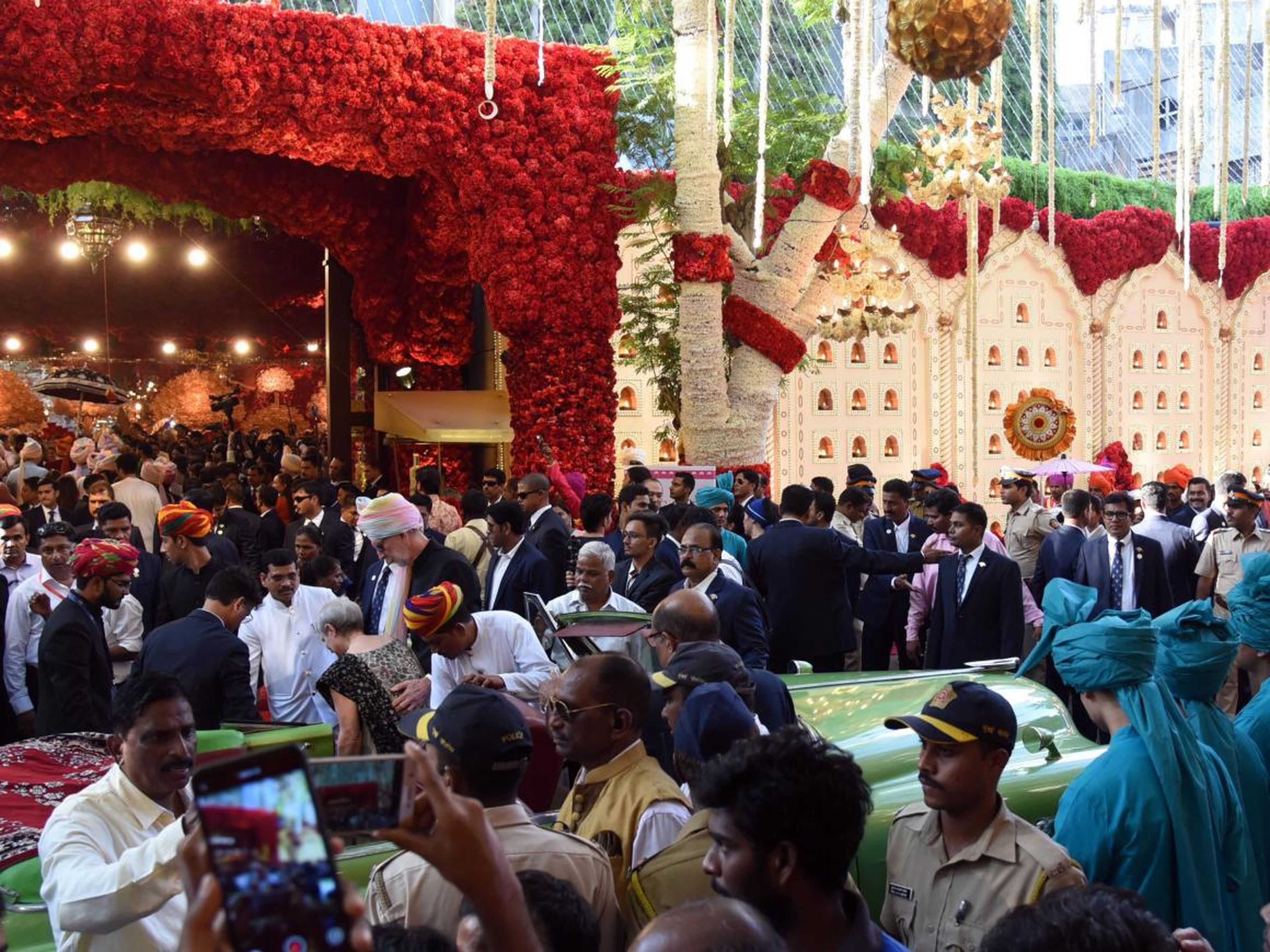 The marriage procession of Isha Ambani seen outside the Ambani home in Mumbai on December 12, 2018.