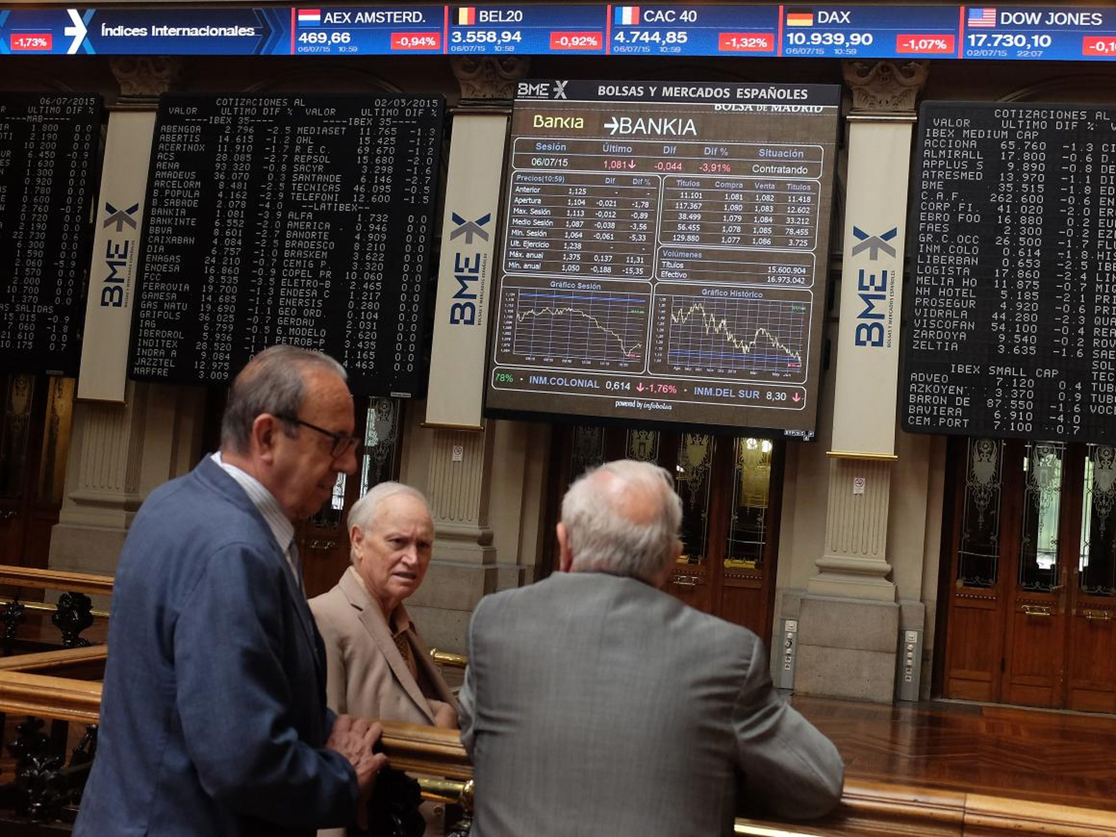 Brokers at Madrid stock exchange a day after Greeks voted in a referendum to reject the European Union's latest bailout terms.