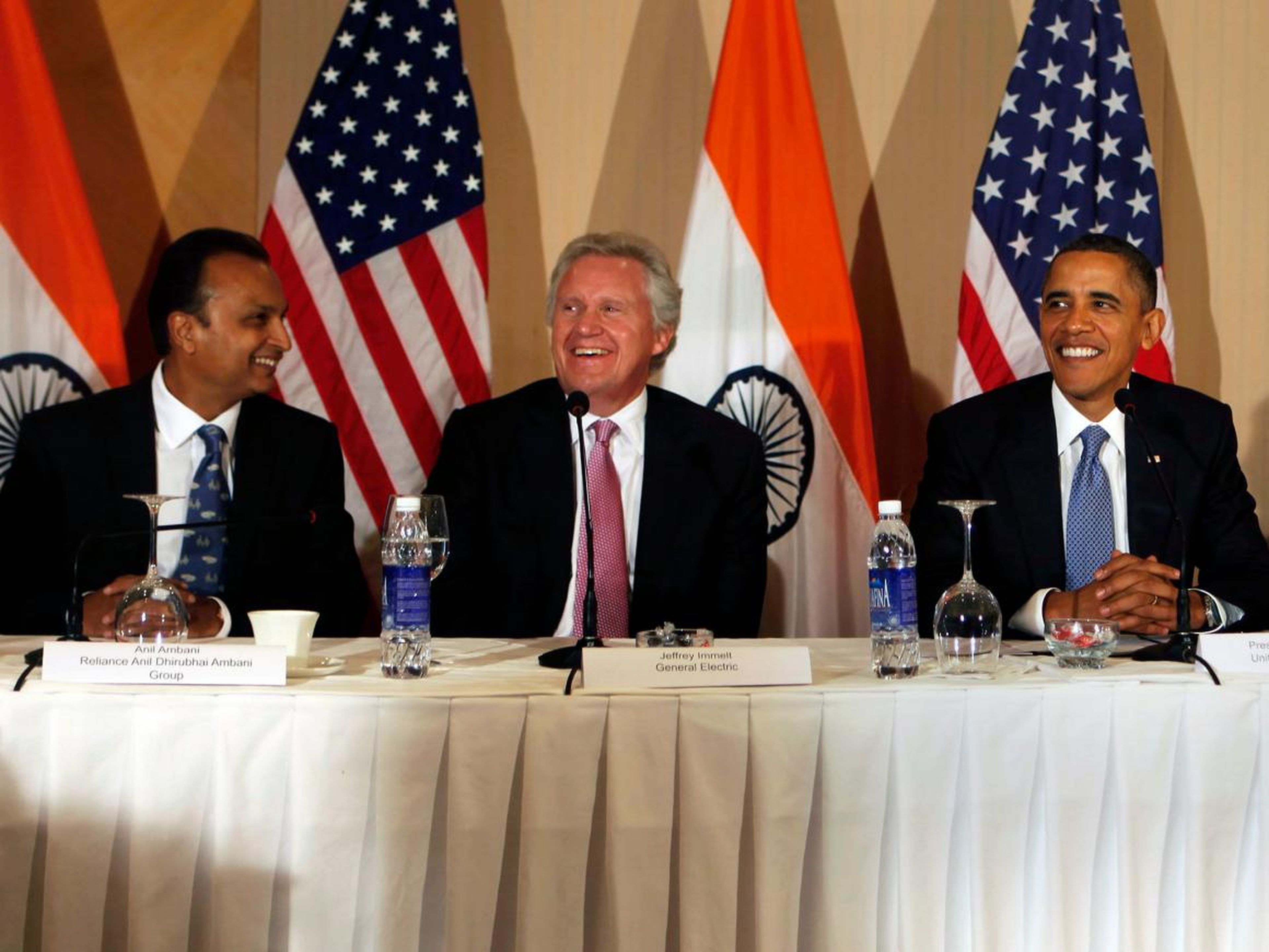 Anil Ambani, General Electric Co. Chairman Jeffrey Immelt and US President Barack Obama talk during Obama's meeting with entrepreneurs in Mumbai in November 2010.