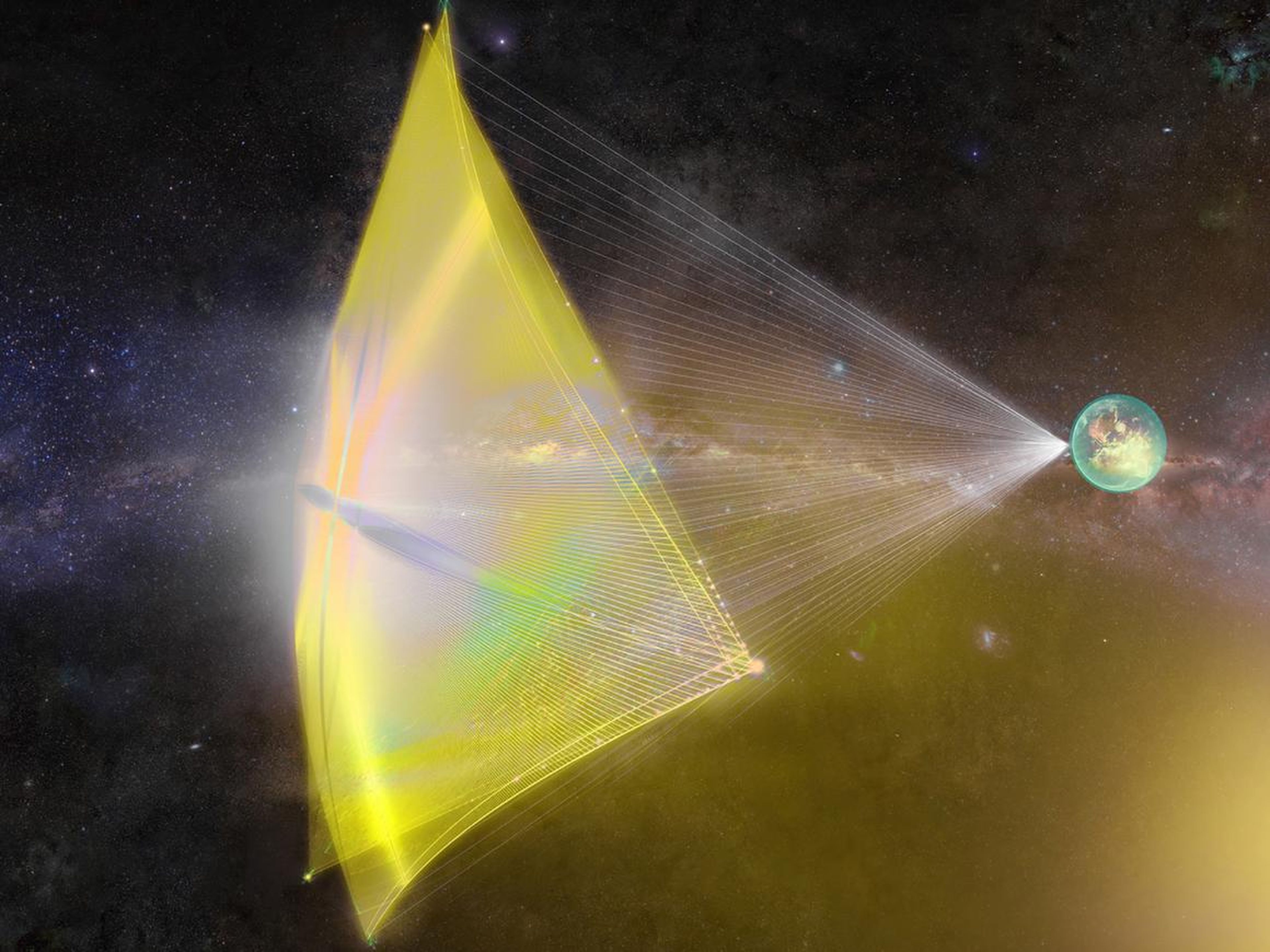 An illustration of a Breakthrough Starshot "nanocraft" being propelled toward the Alpha Centauri star system with a powerful laser beam.