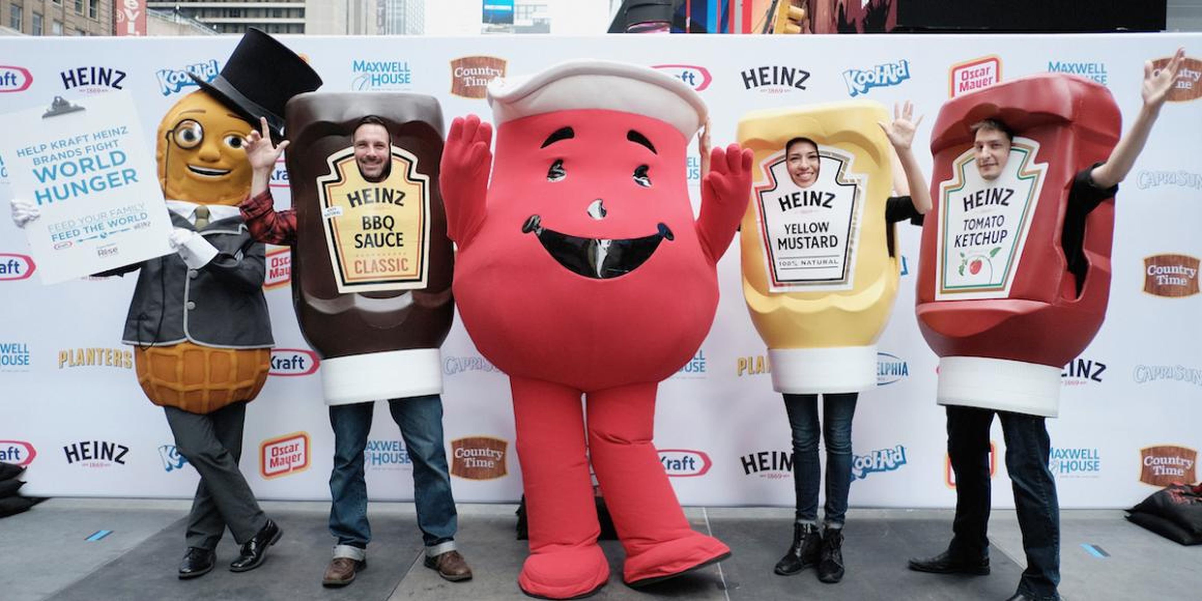 Kool-Aid Man, Mr. Peanut, and The Ketchups in New York City's Times Square in 2017 during the kick-off event for the Feed Your Family, Feed The World program.
