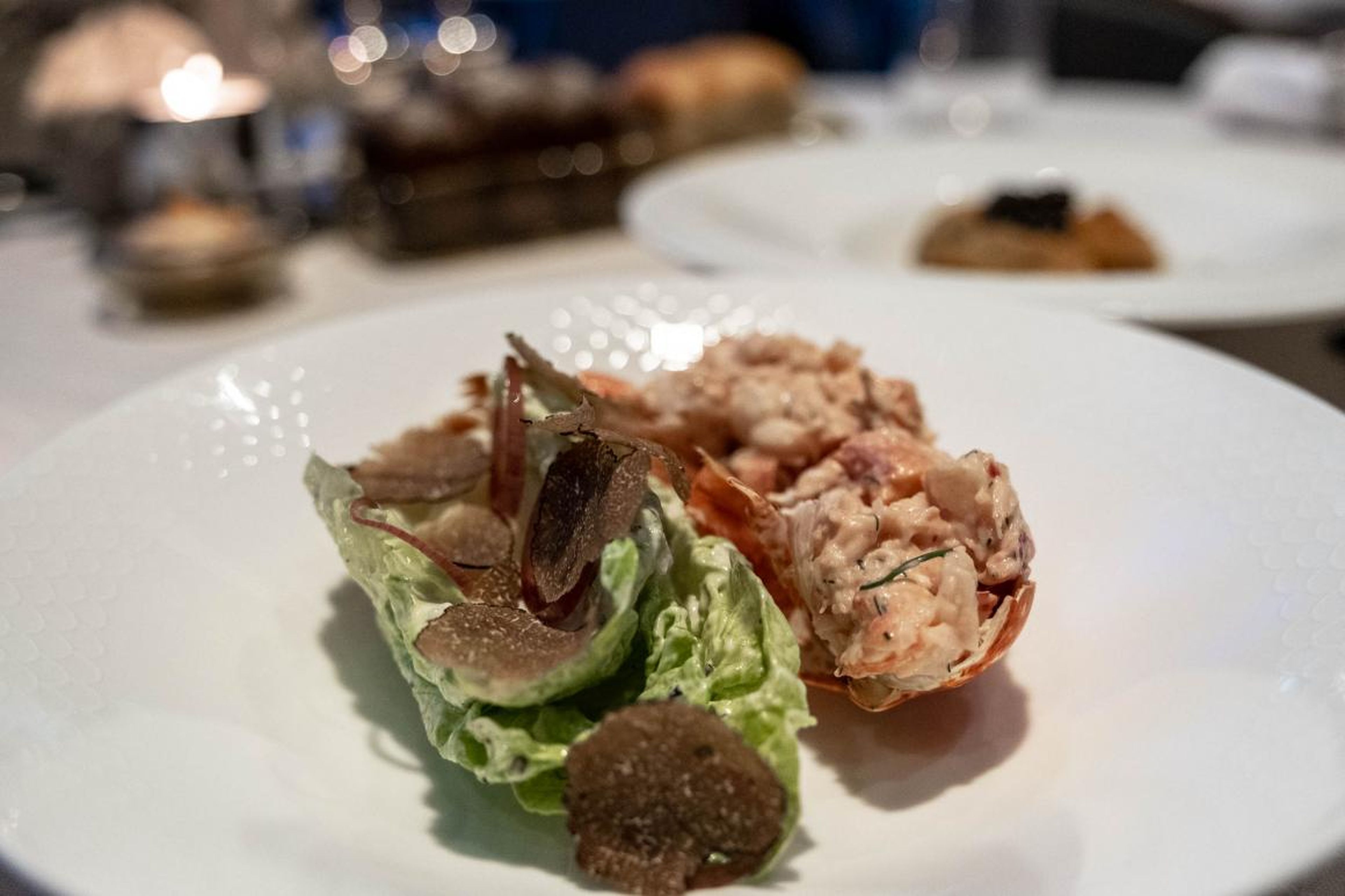 The lobster cocktail (295 AED or $80) was packed with fresh, tender lobster meat brushed with an herby crème fraîche sauce and accompanied by a few leaves of Baby Gem lettuce that were topped with ... black truffle. Dishes like