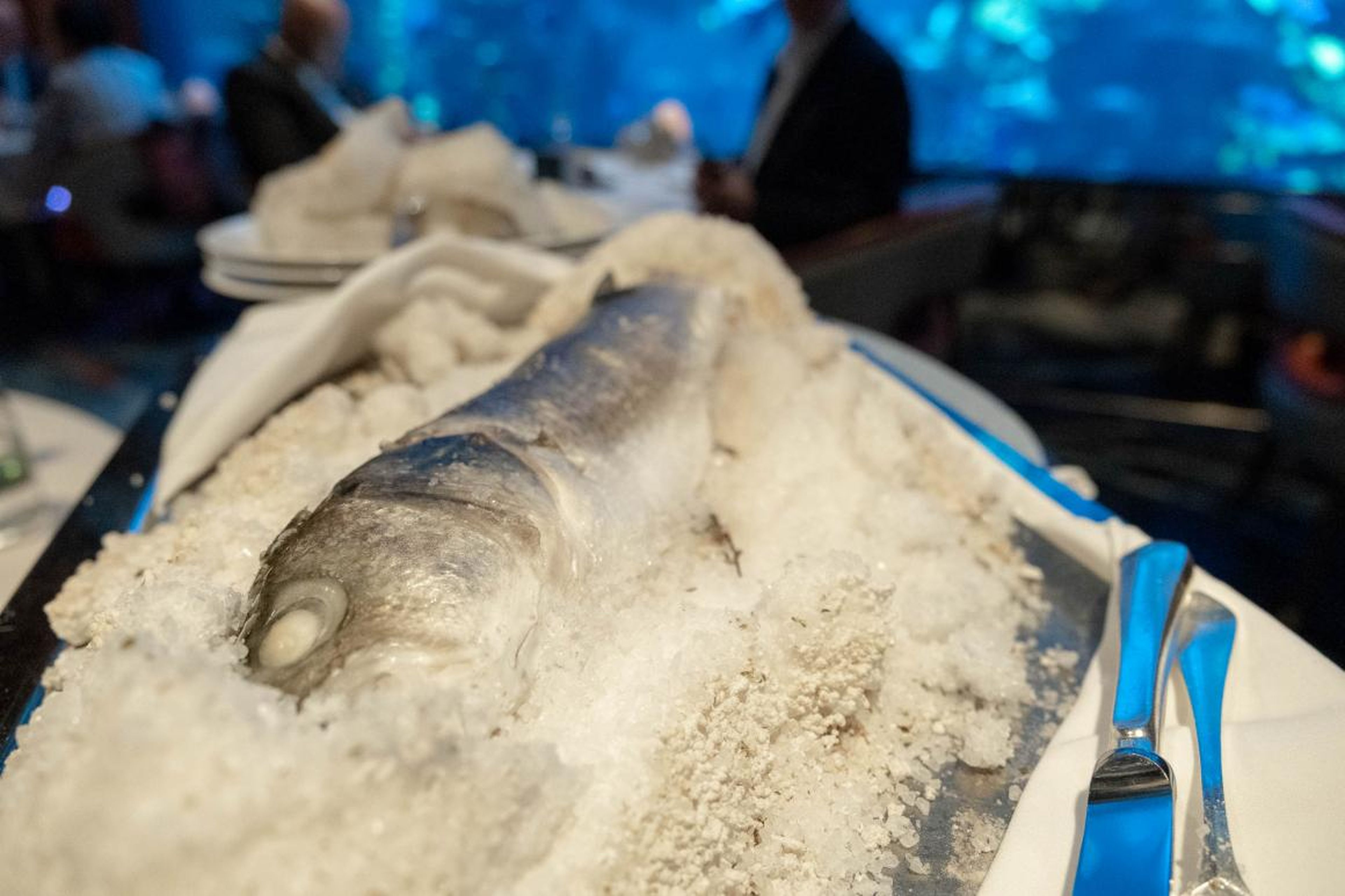 The main courses find the pared-back footing. The salt-baked whole sea bass (980 AED, or $266) is both simple and theatrical, arriving encased in salt and filleted table-side. The fish is as fresh and tender as you'd expect from a