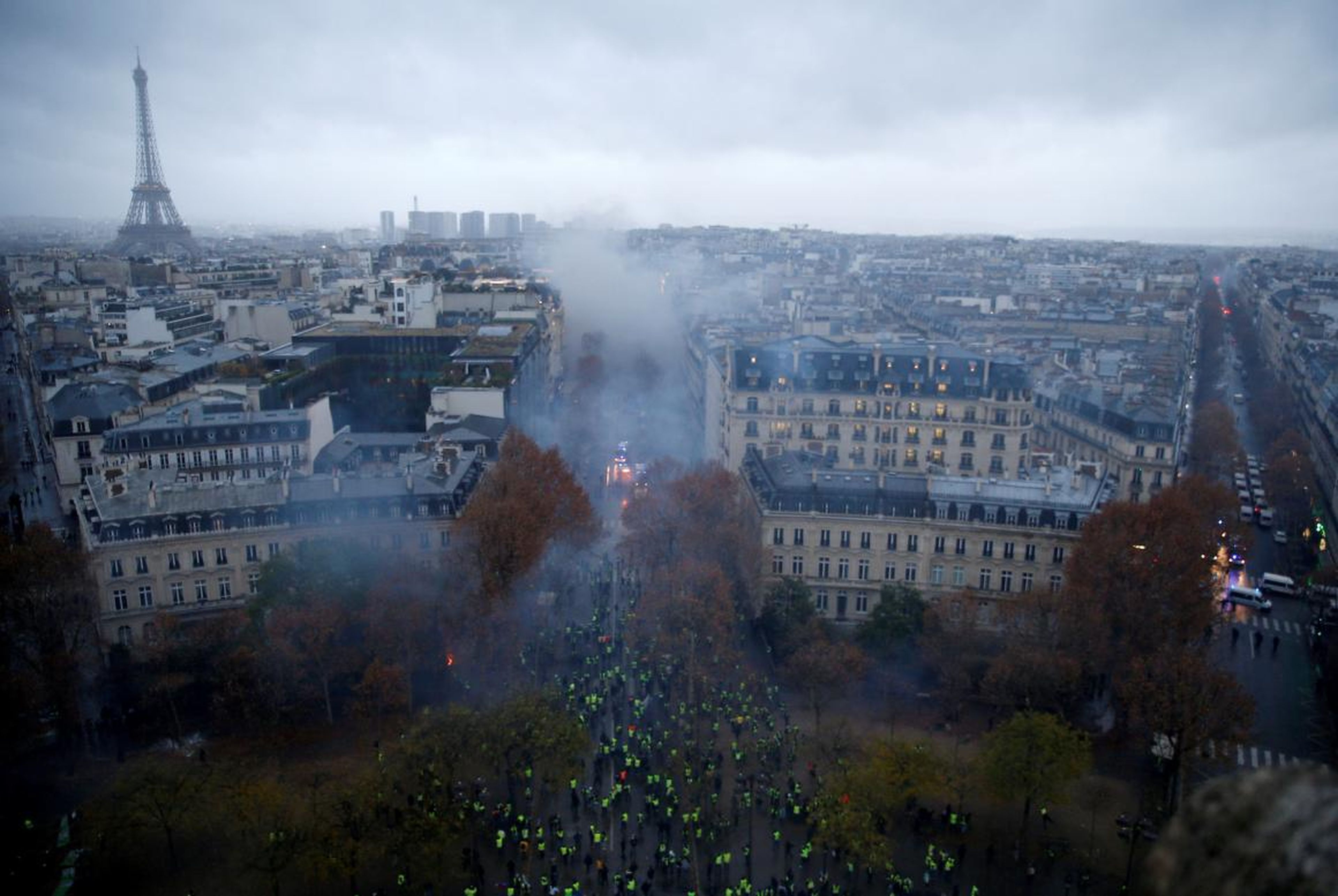 Saturday's protests took over central Paris. Here, demonstrators are pictured at the Place de l'Etoile.