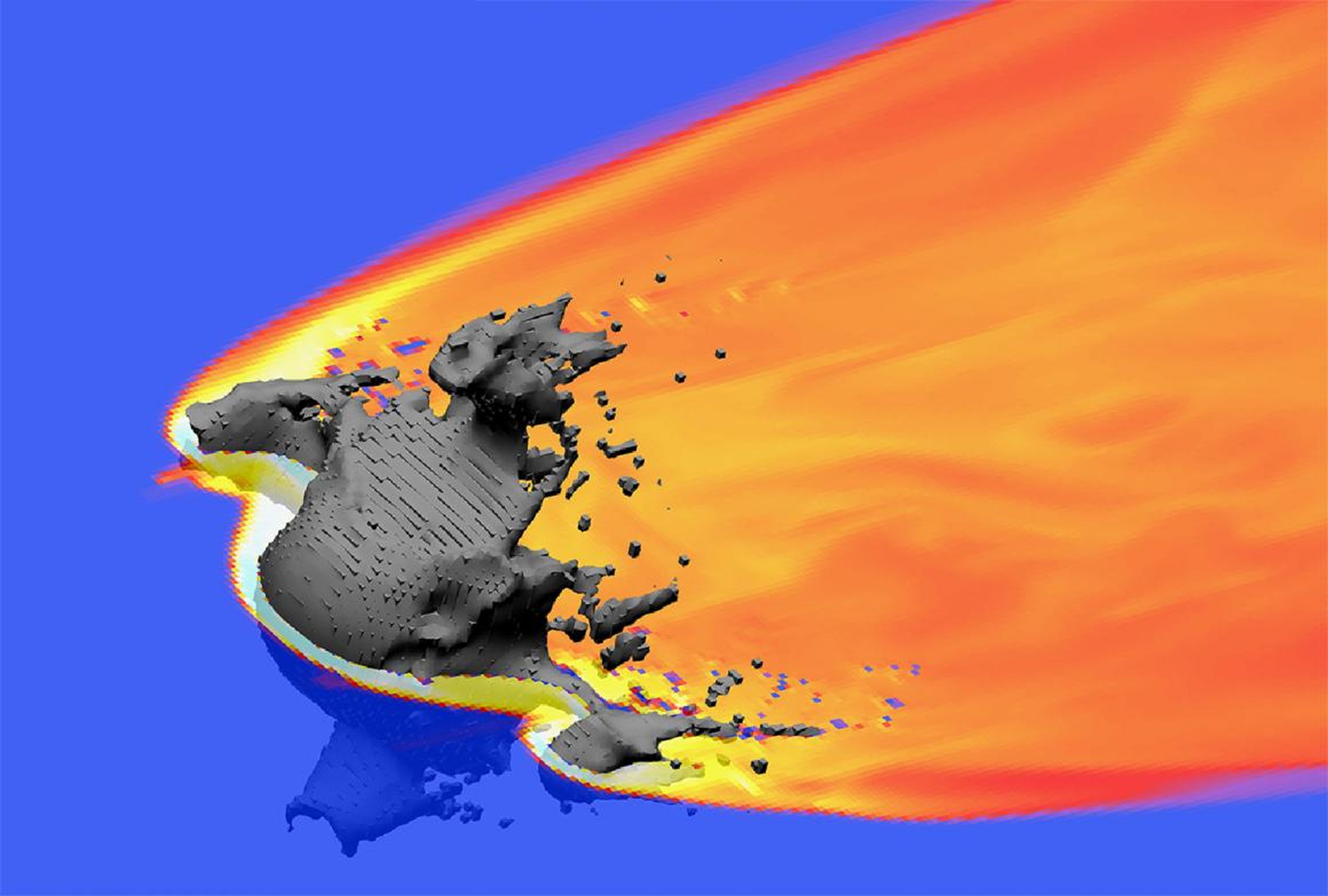 Una simulación de un asteroide de 66 pies de ancho que se quema en la atmósfera de la Tierra.