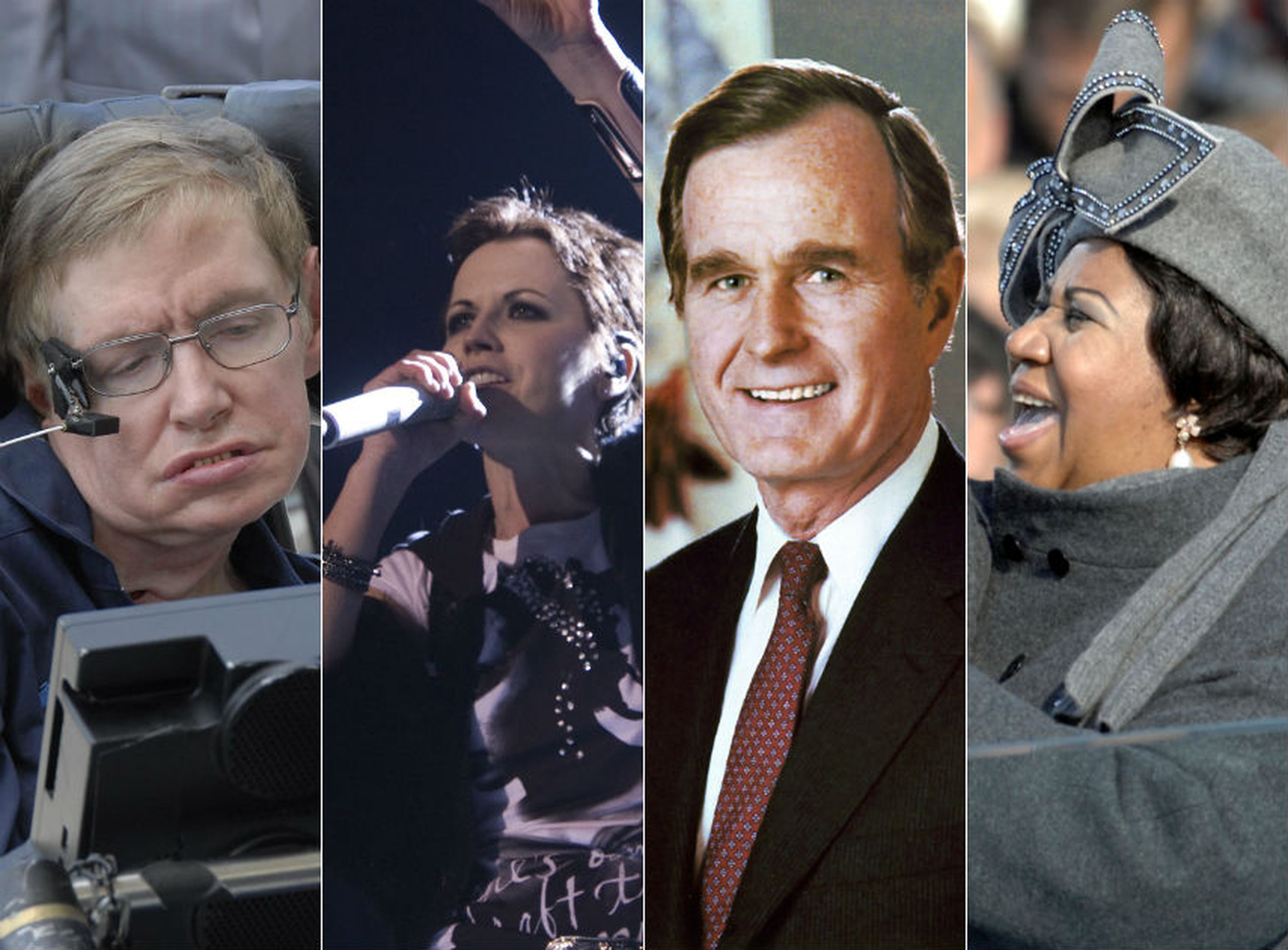 De izquierda a derecha: Stephen Hawking, Dolores O'Riordan, George H W Bush y Aretha Franklin.