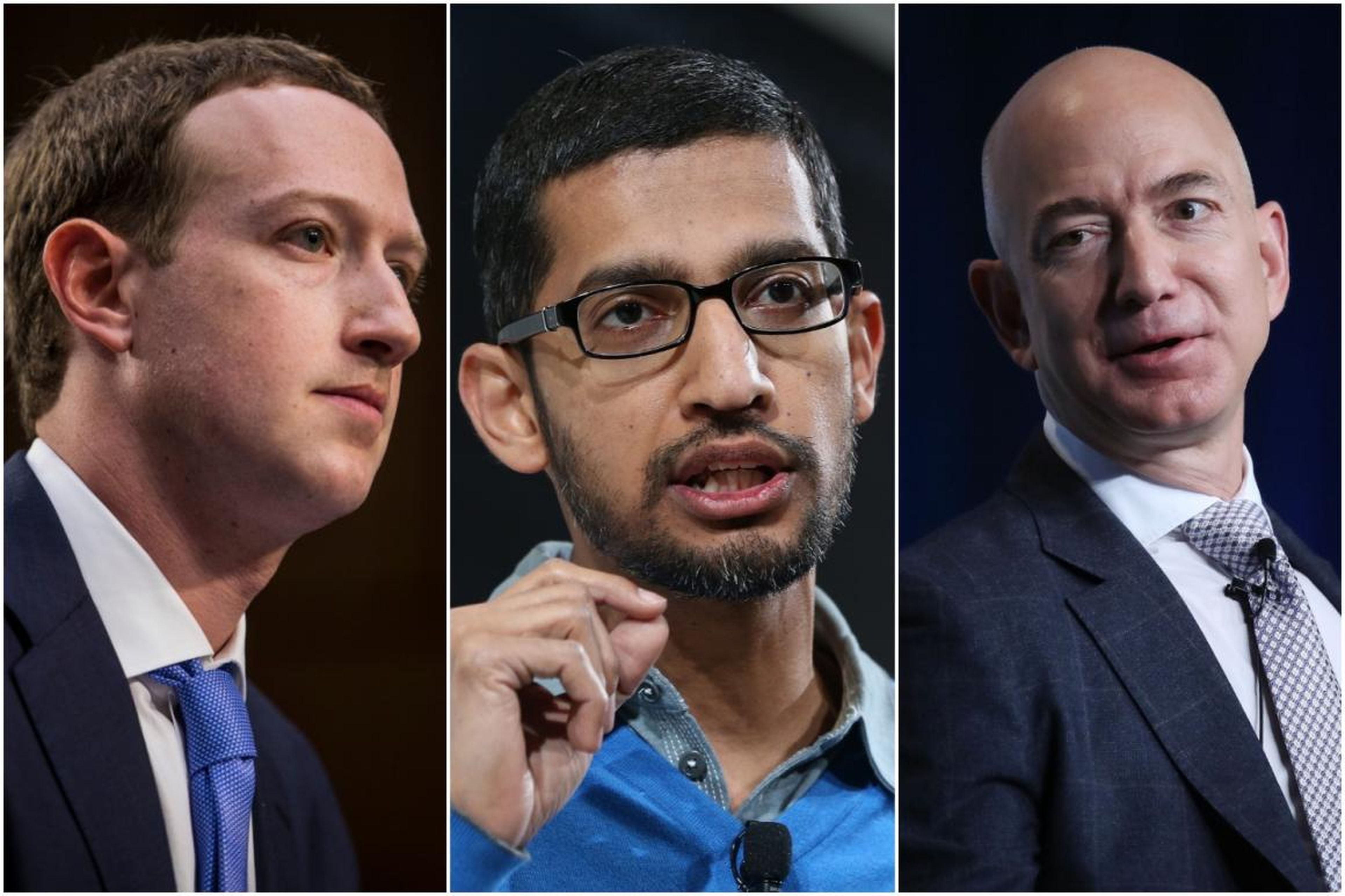 Mark Zuckerberg, Sundar Pichai, y Jeff Bezos.