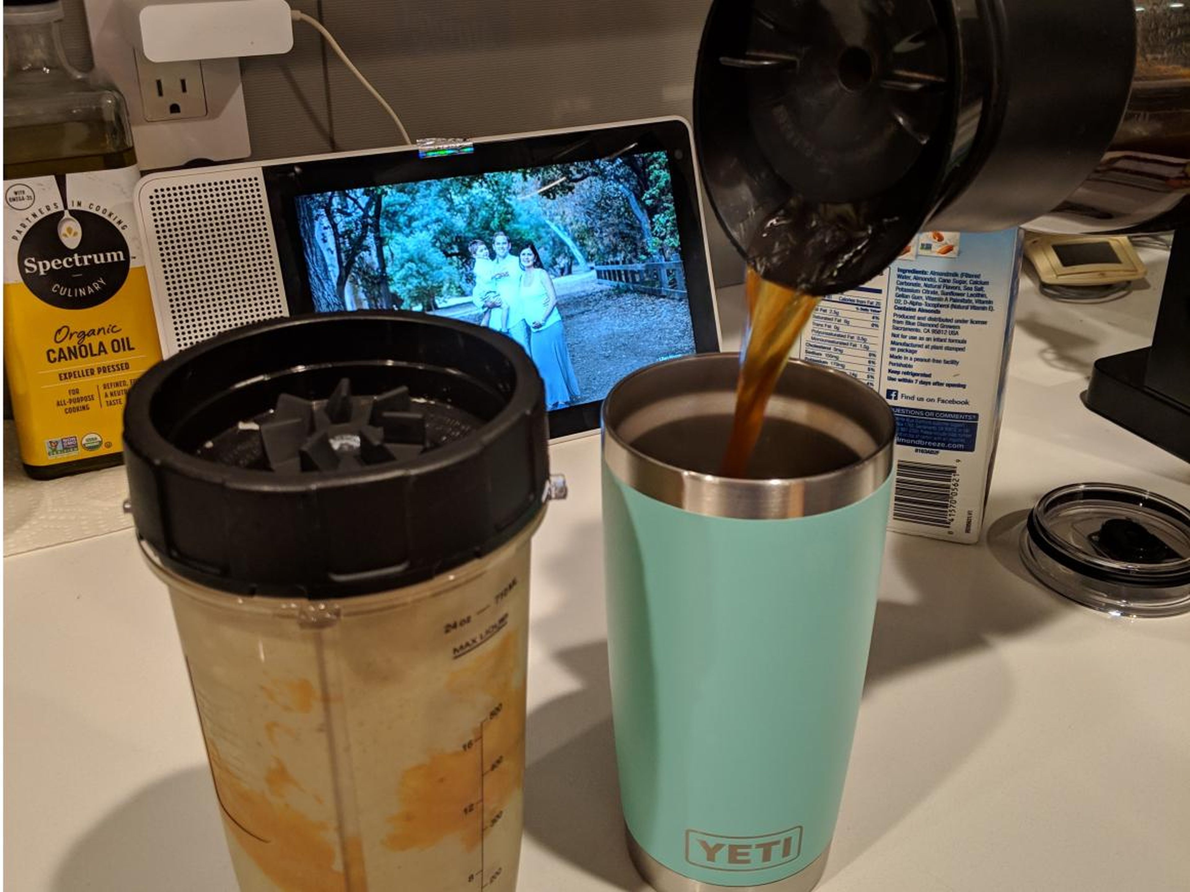 When she has the time, she makes a protein shake with peanut butter, almond milk, bananas, and kale to get a healthy start to her day. She takes it in the car with her, along with her coffee.