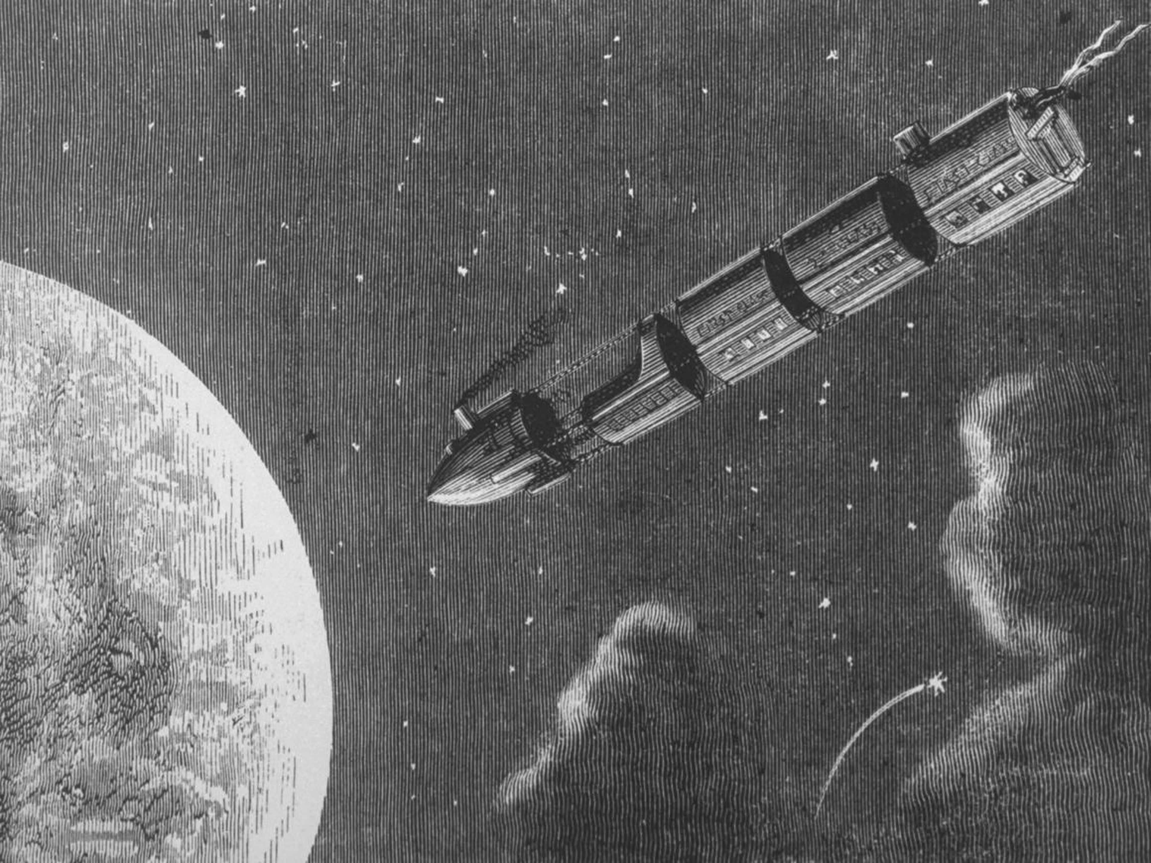 Una ilustración de un tren proyectil que viaja a la luna de la novela de ciencia ficción del siglo XIX de Julio Verne "De la Tierra a la Luna".