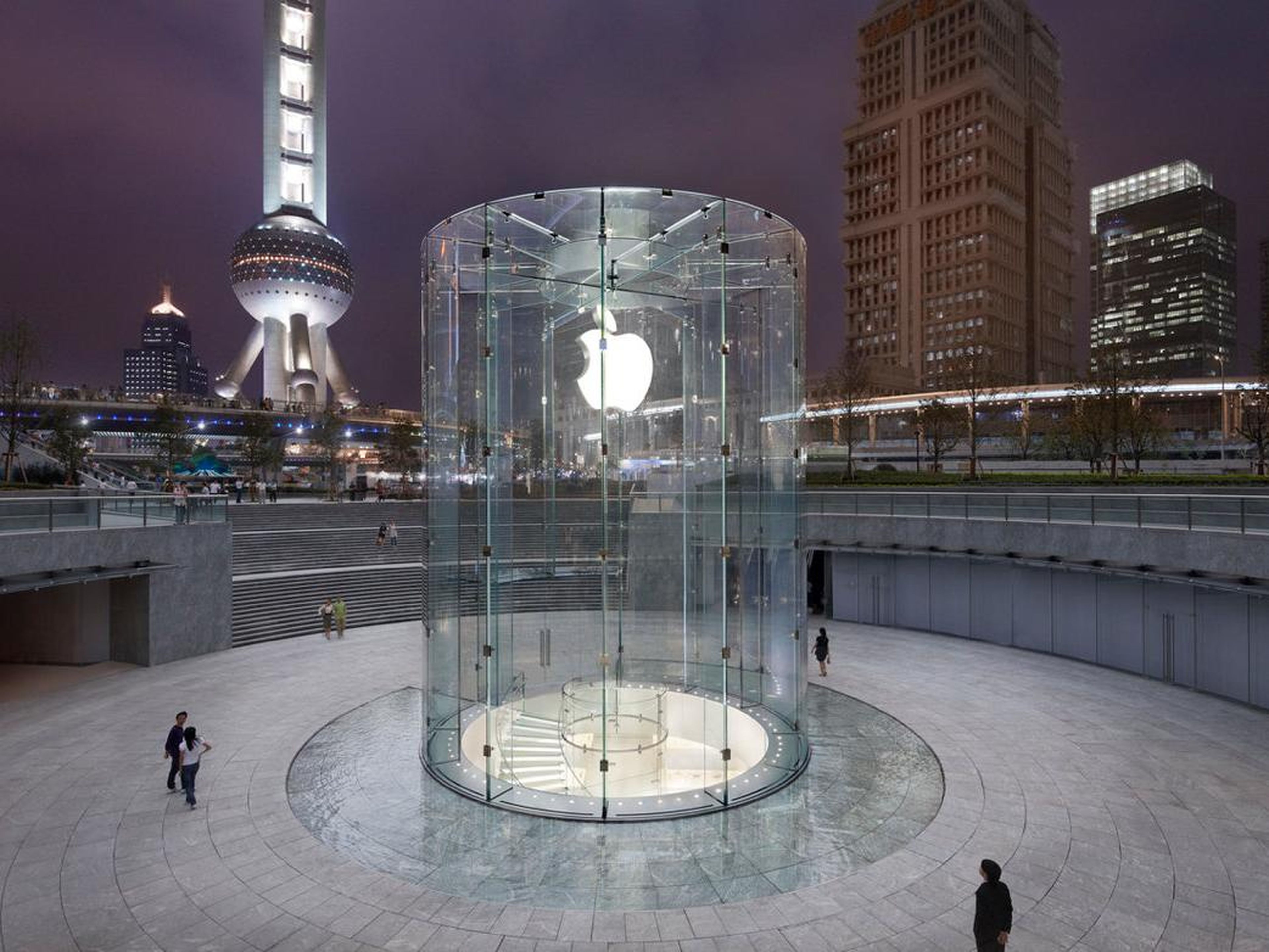 Apple's Shanghai store is one of its most iconic: a glass cylinder leads to the main part of the store, situated underneath the courtyard.