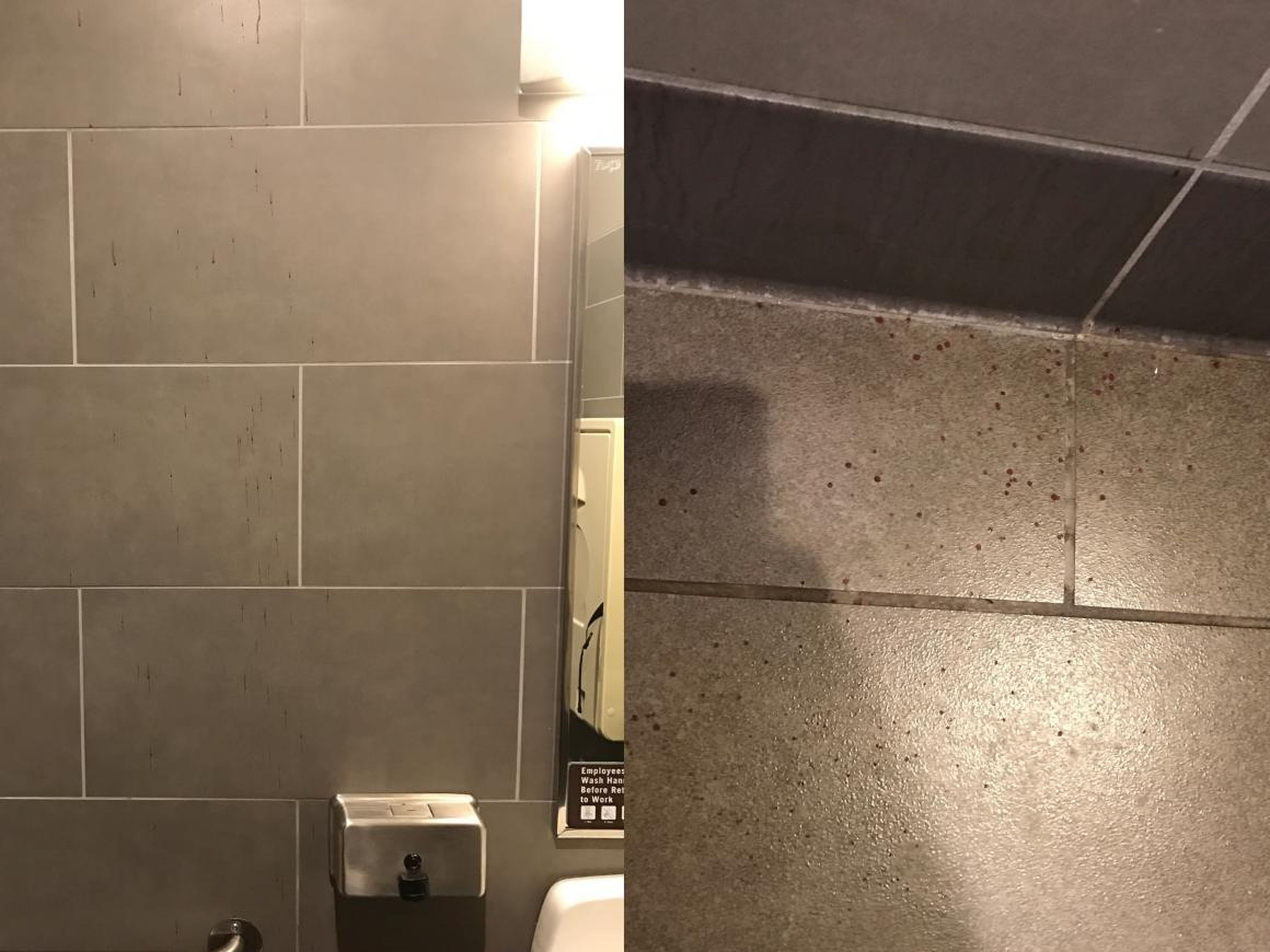 Sangre en la pared y el baño de un baño de Starbucks (fotos de mayo de 2018).