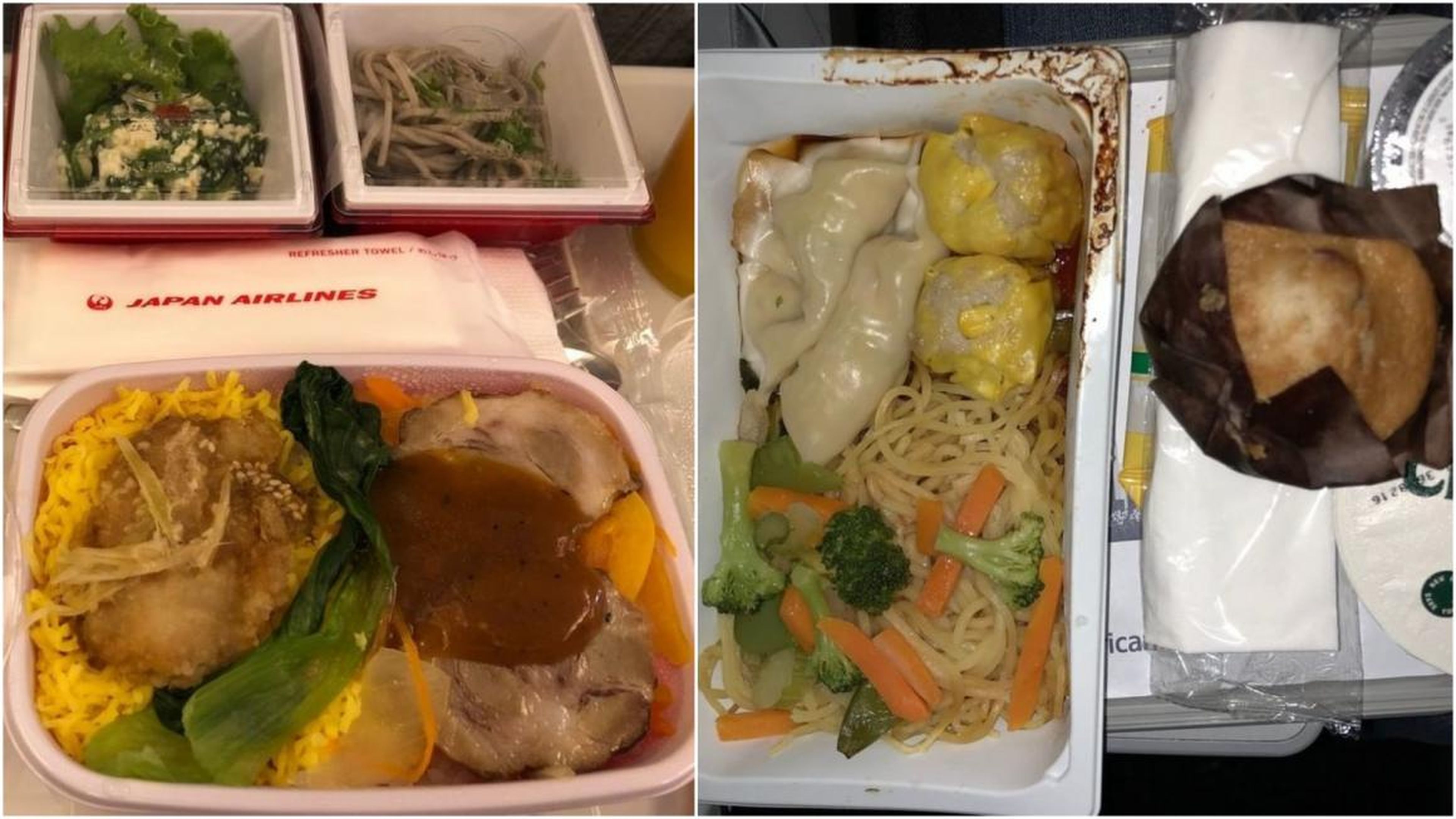 El menú en clase turista de una aerolínea, como Japan Airlines a la izquierda, puede ser muy distinto de otras aerolíneas, como American Airlines a la derecha.