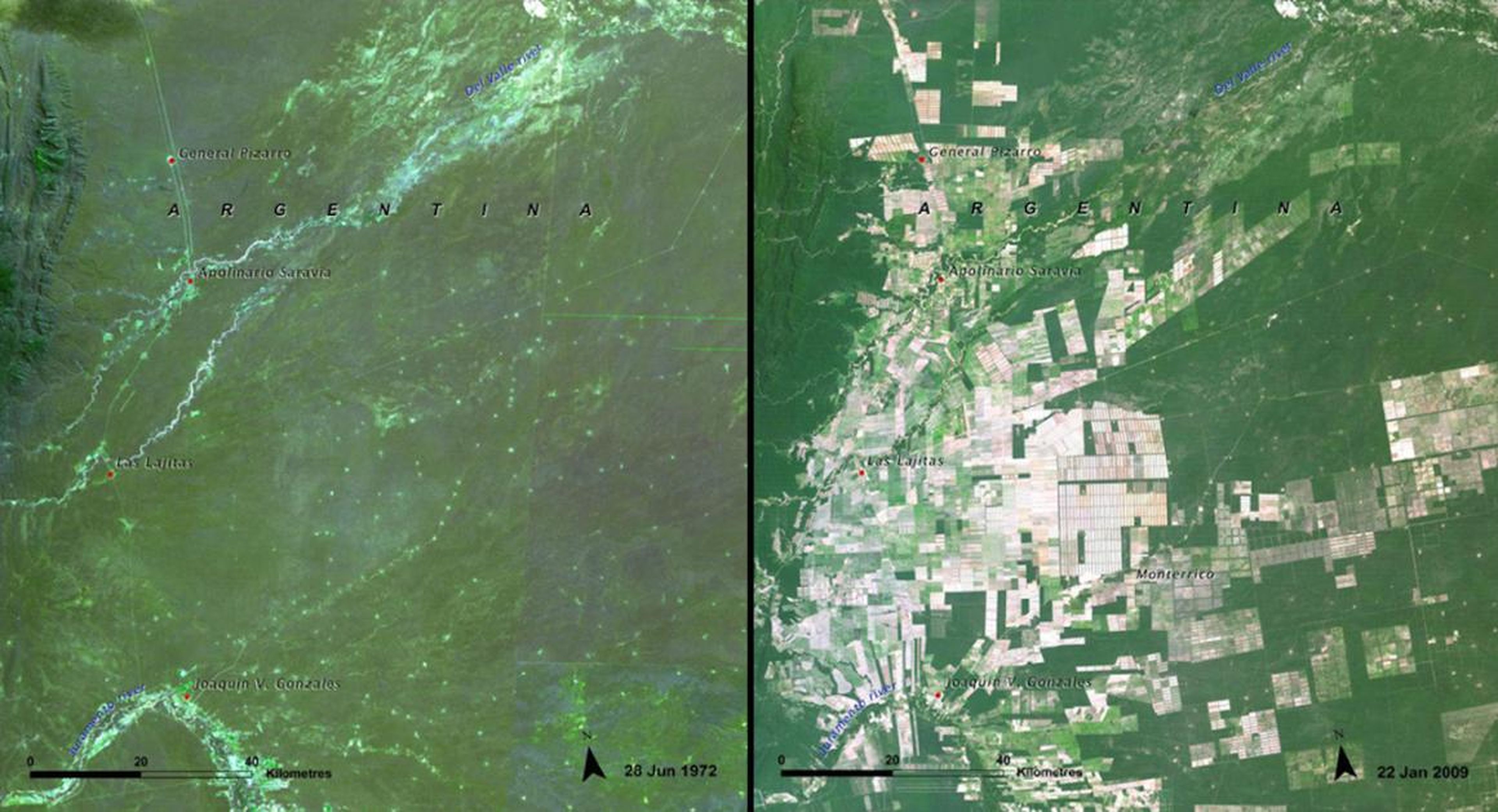 Huge swaths of the Salta Forest in Argentina disappeared from 1972 (left) to 2009 (right).