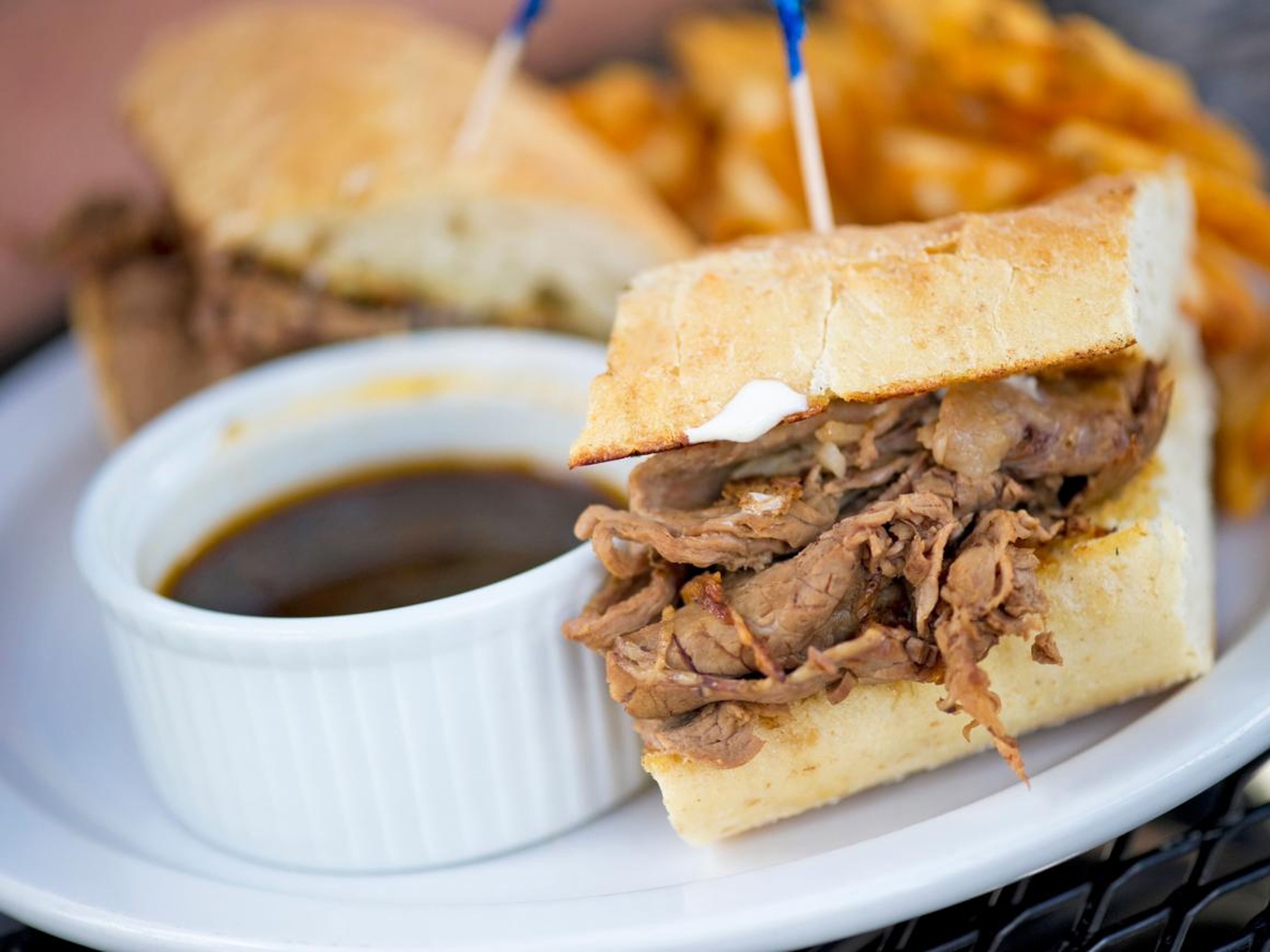 Philippe's says it's traditionally made with roast beef — and admittedly invented at the restaurant by accident. Now, you can order the sandwich with any of the following: roast beef, roast pork, leg of lamb, turkey, pastrami, or