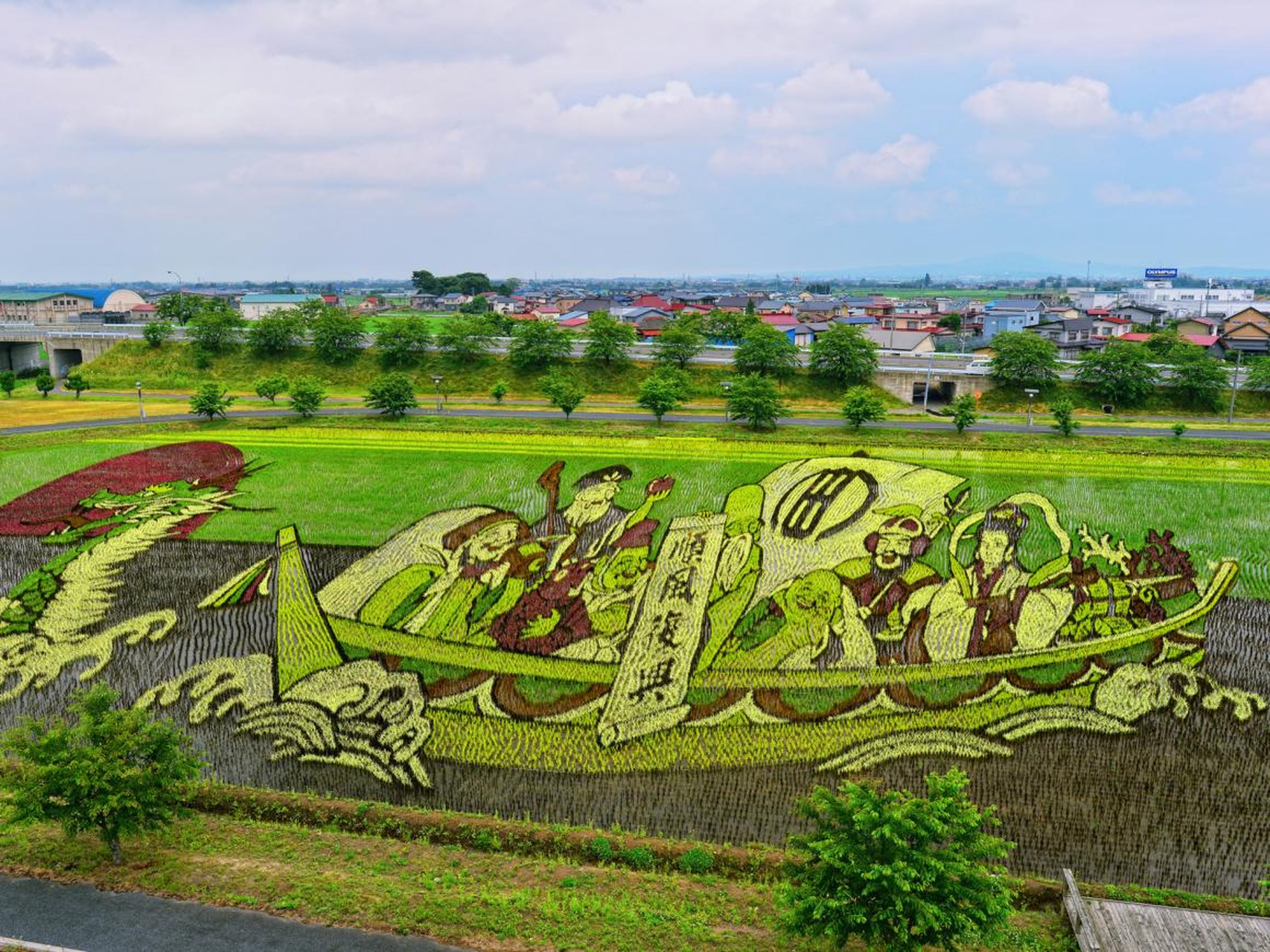 Rice farmers started making painting-like images in the paddies by planting different color rice plants in certain areas — think of it as a paint-by-numbers exercise.
