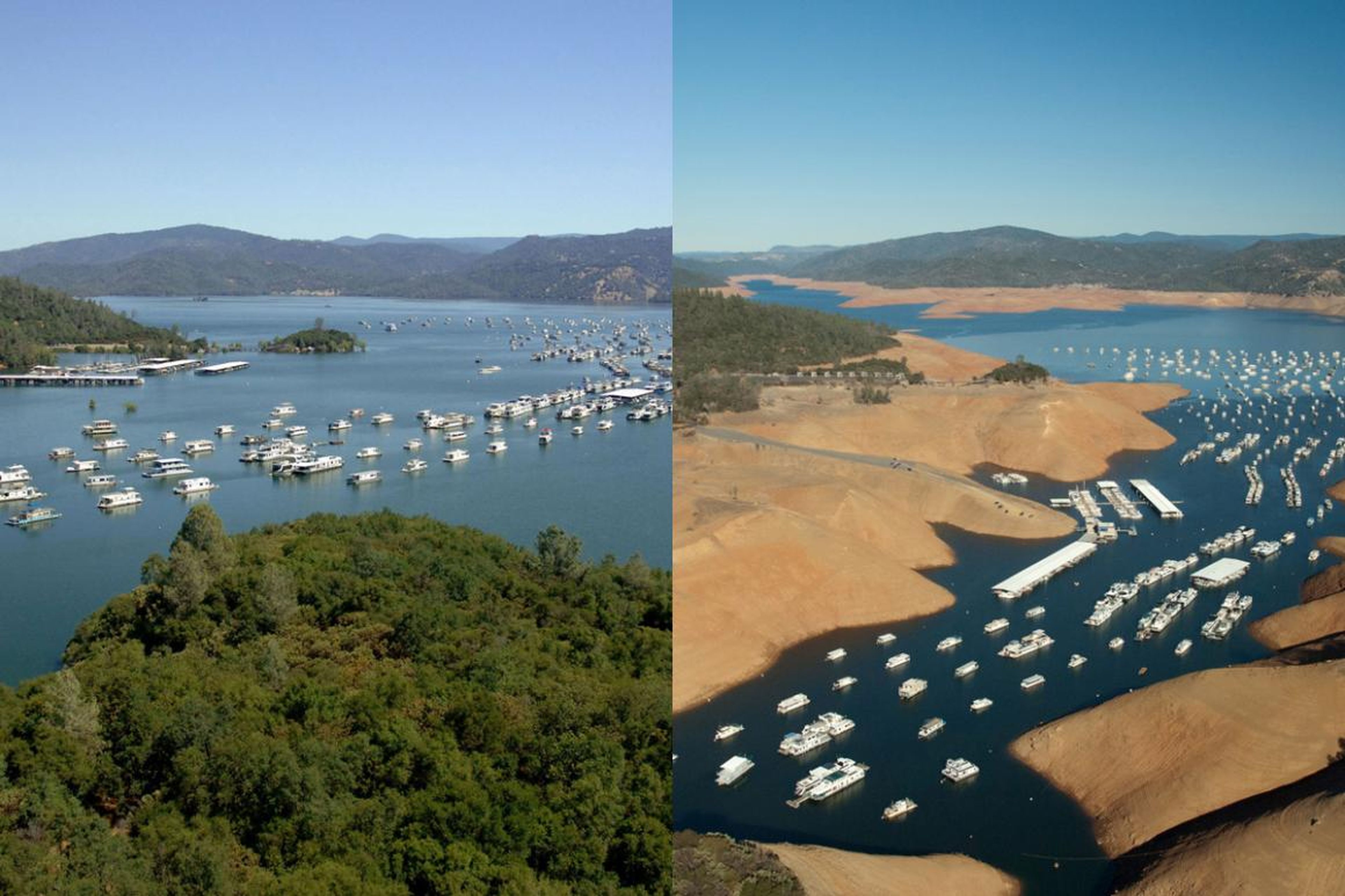 These side-by-side photos show how much California's Lake Oroville shrank in just three years, from July 2011 (left) to August 2014 (right).