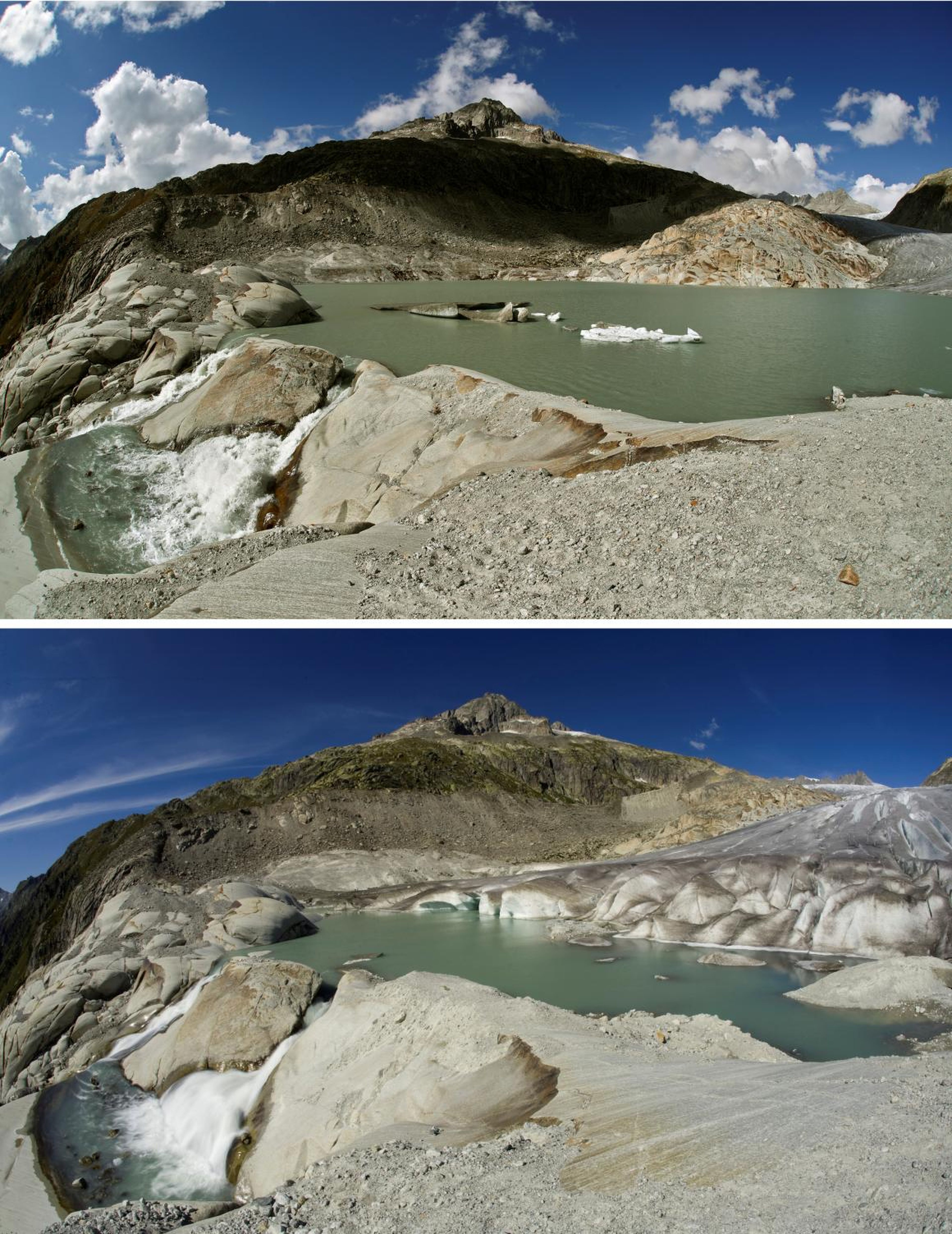 The Rhone Glacier is in the Furka Pass in Switzerland. The top photo was taken this year, while the bottom is from 2009.
