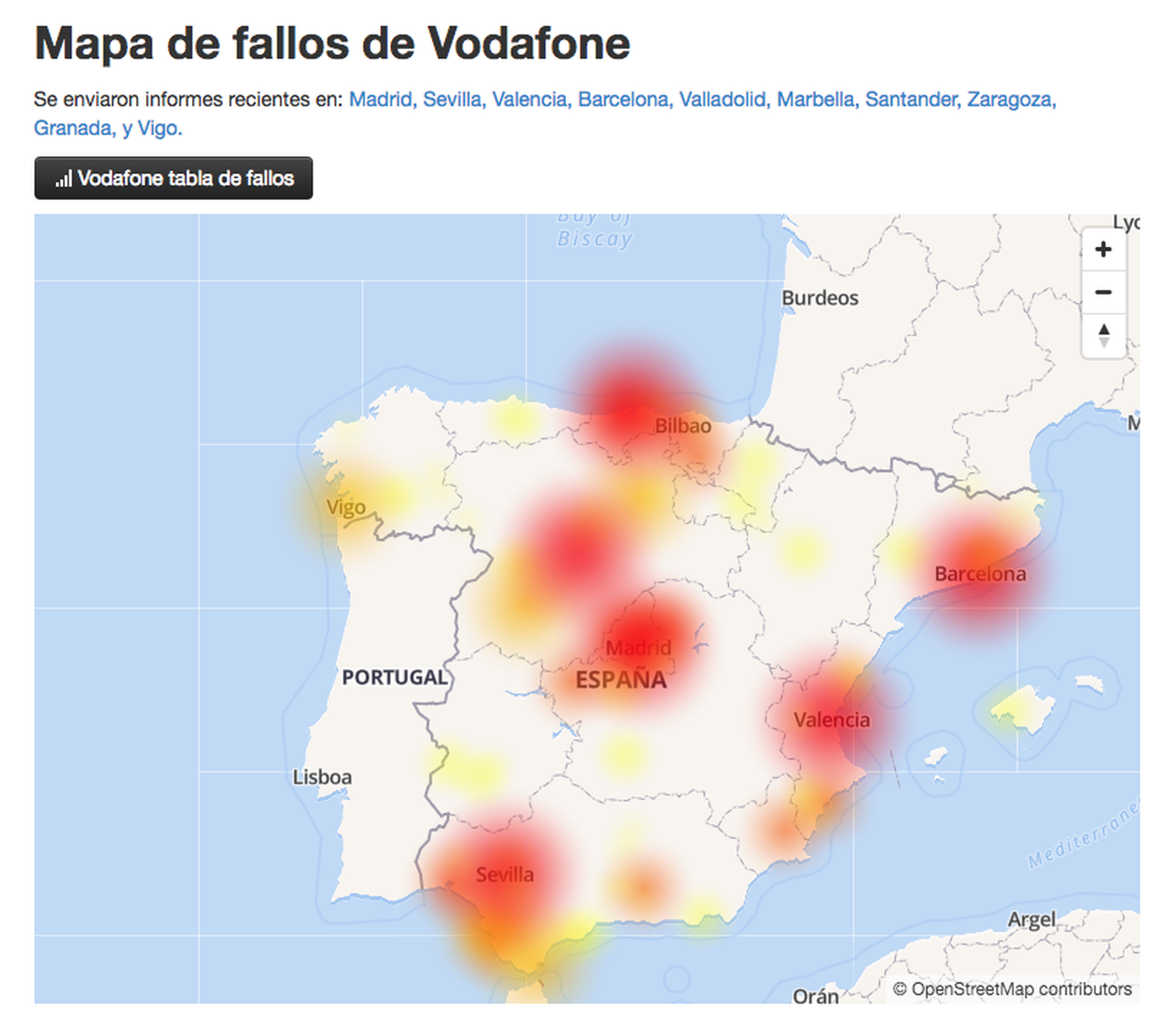 Mapa de fallos de conexión de internet de Vodafone.