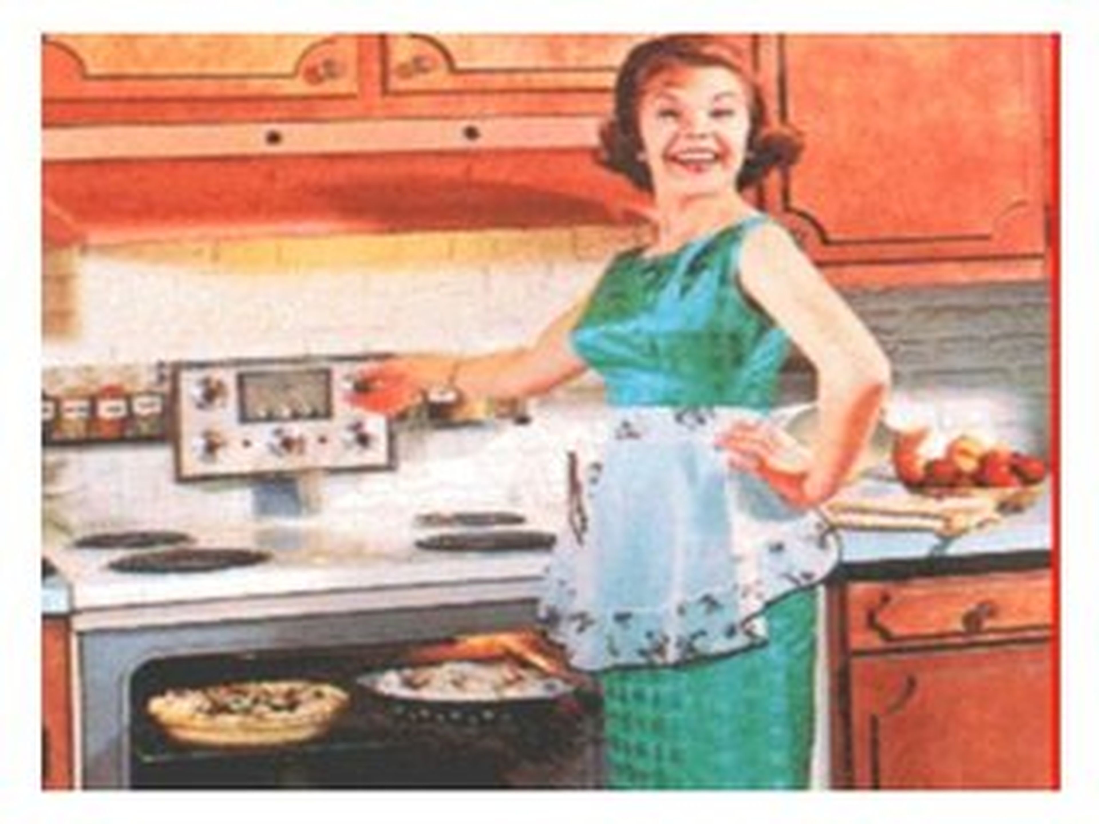 Cartel de los años 50 con una mujer en la cocina.