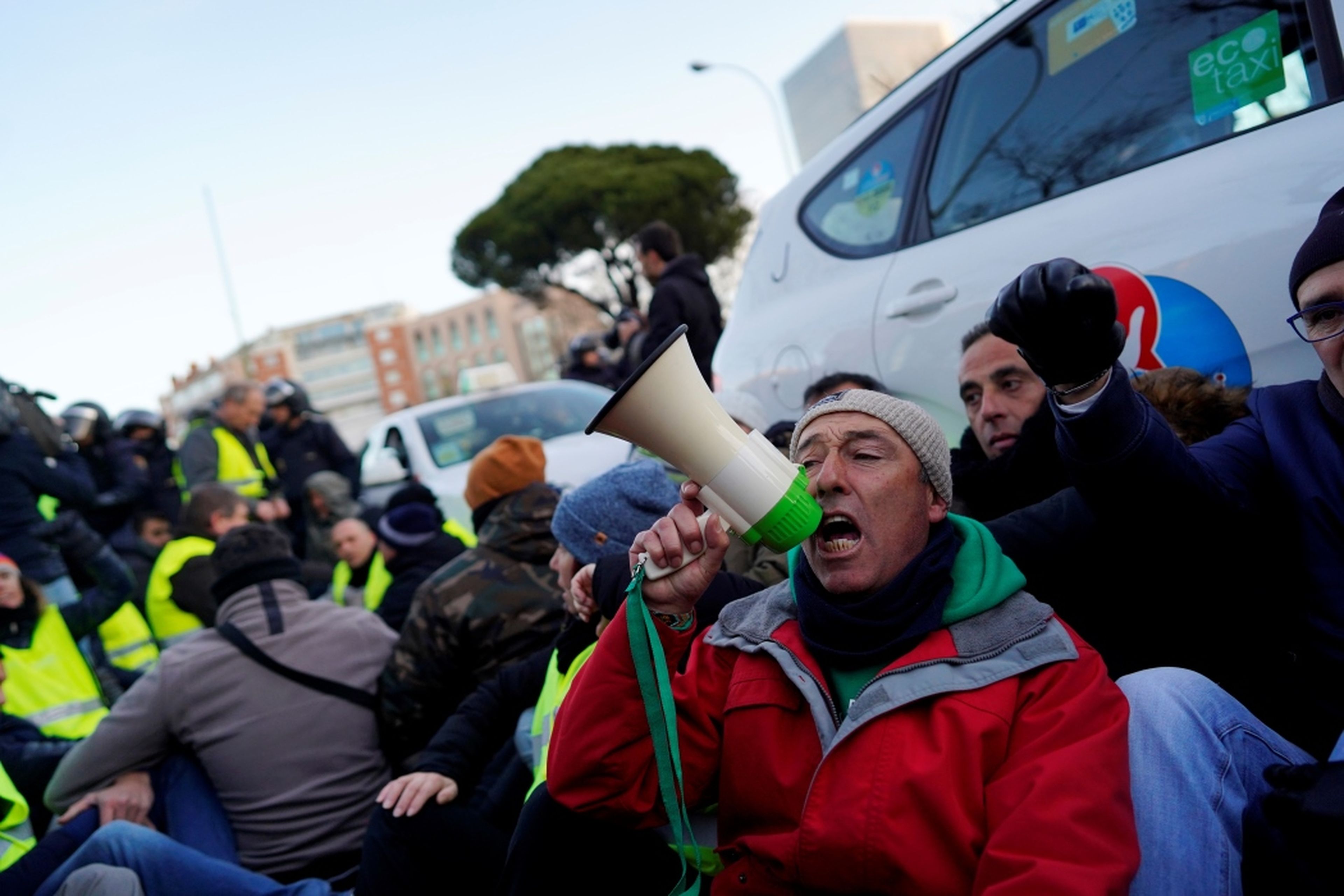 Taxistas protestando contra la regulación de los vehículos VTC en Madrid, el 28 de enero de 2019.