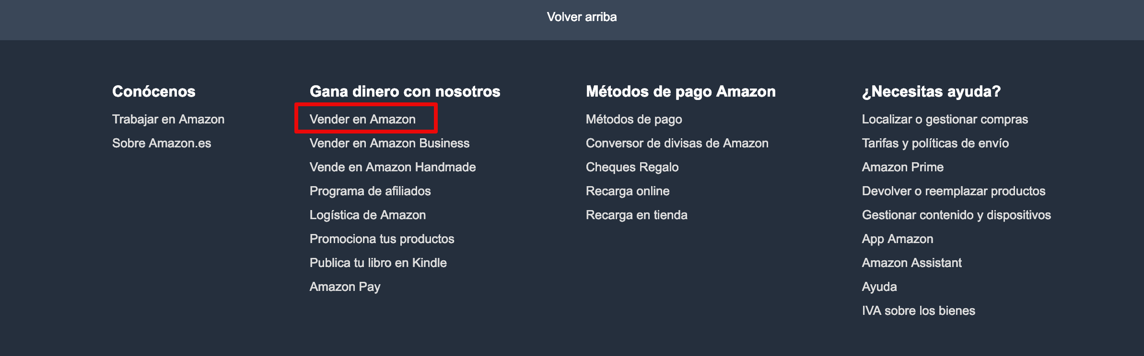 Busca "Vender en Amazon" al final de la página de inicio de Amazon.