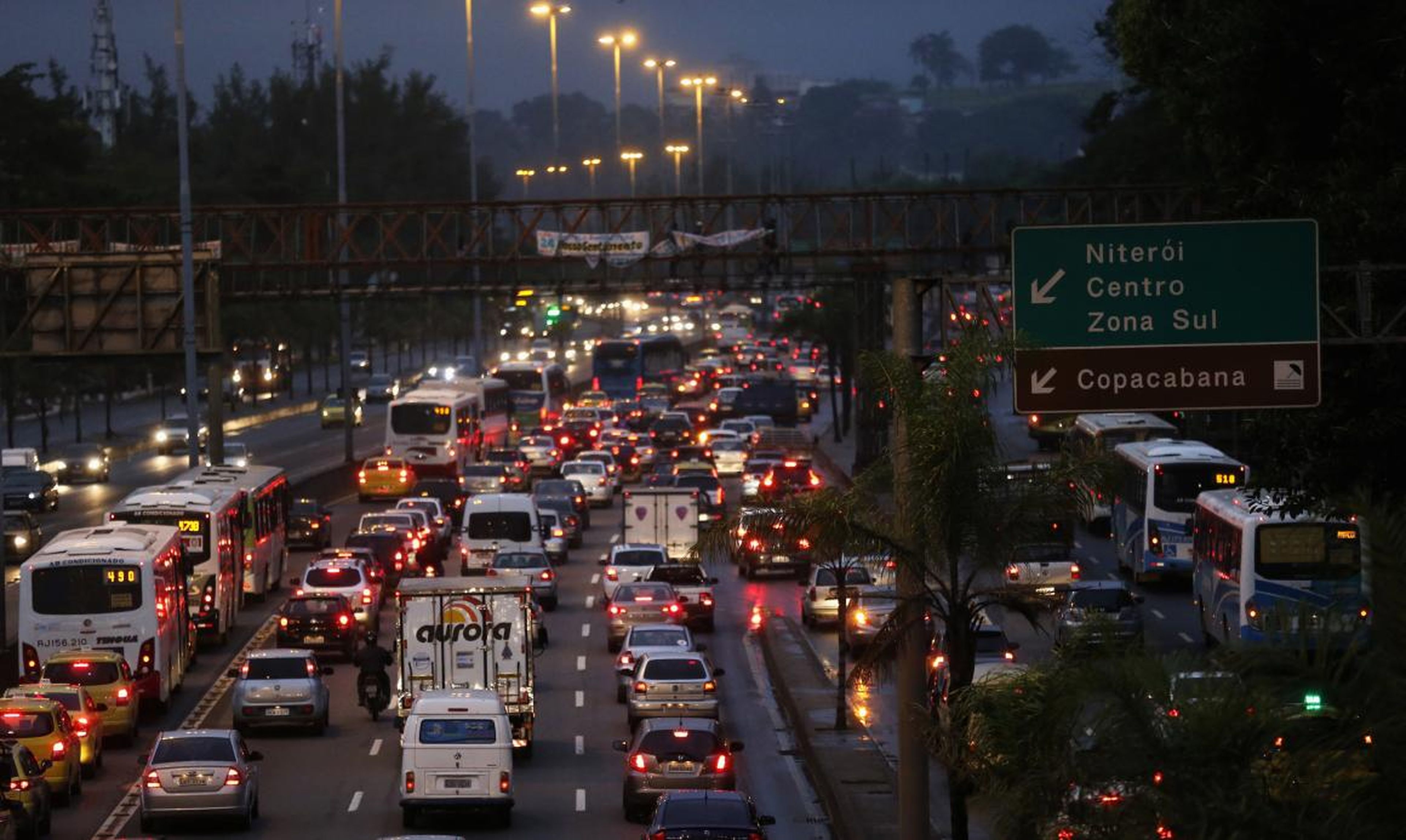 Cars stand in a traffic jam towards Rio's downtown during a 24-hour bus strike in Rio de Janeiro