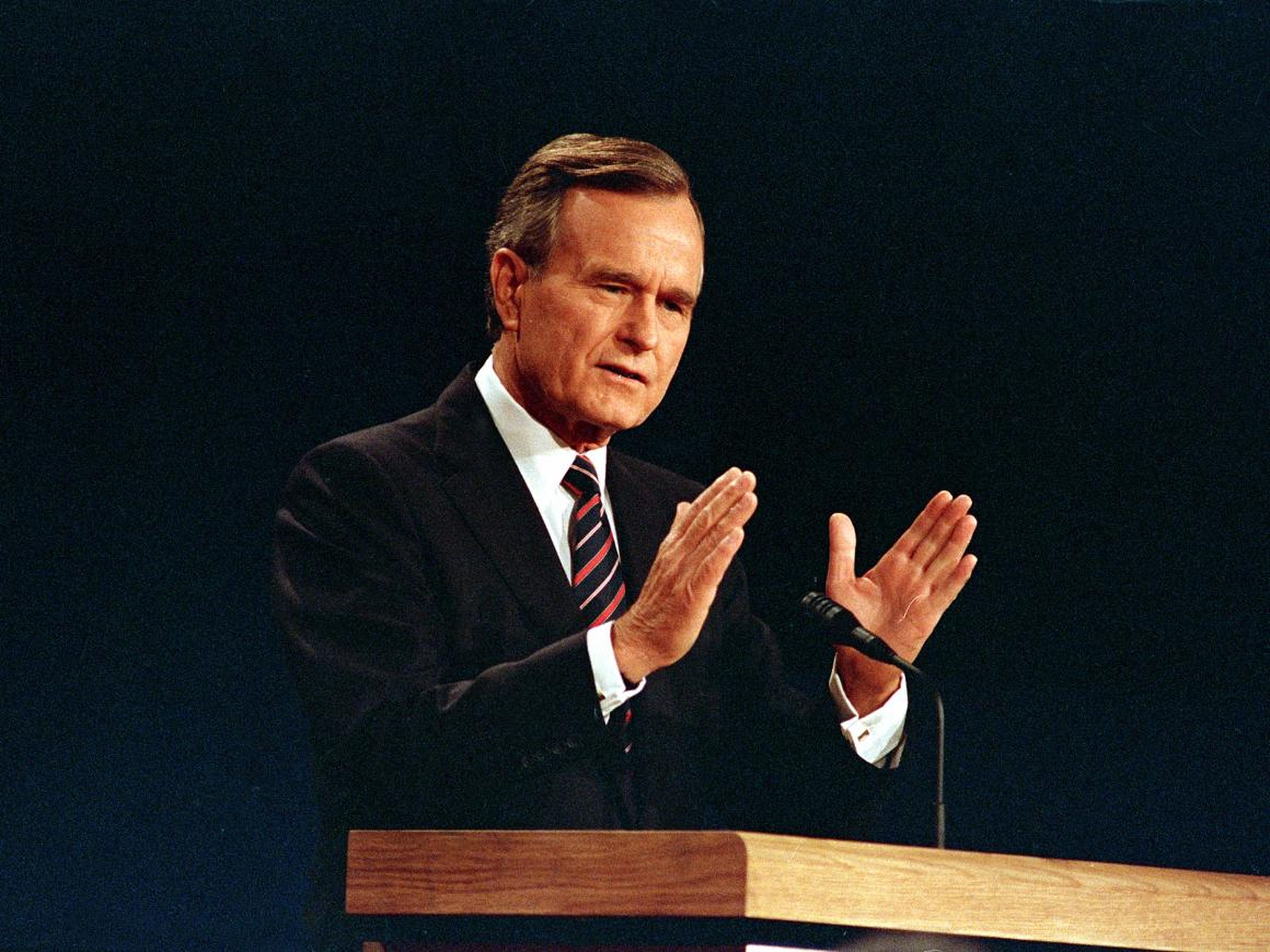 Appearing without his trademark glasses, then-Vice President George H.W. Bush answered a question at the second presidential debate in October 1988.