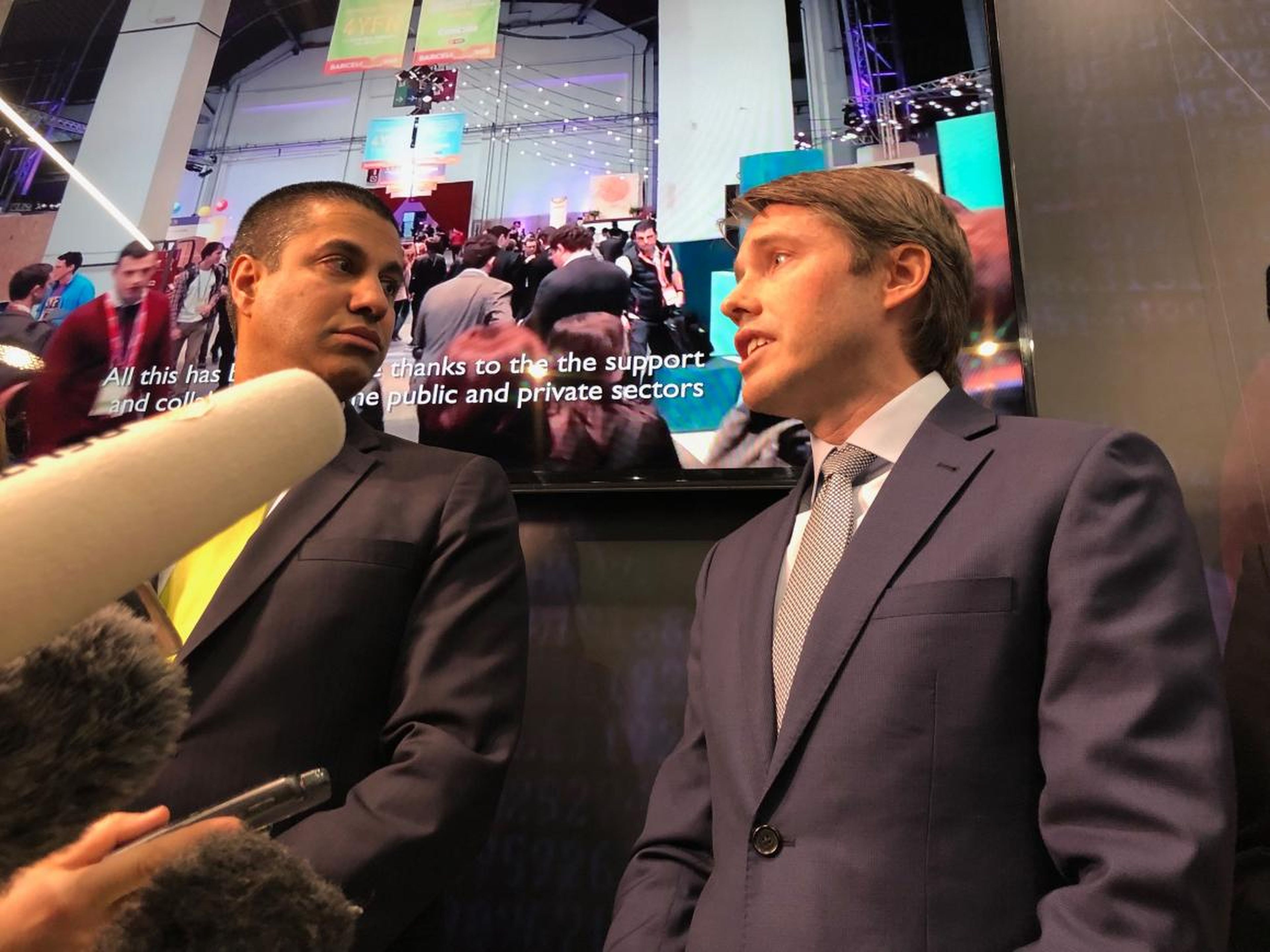 FCC chairman Ajit Pai and Robert Strayer, US deputy assistant secretary for cyber and international communications and information policy, speaking to reporters at Mobile World Congress 2019.