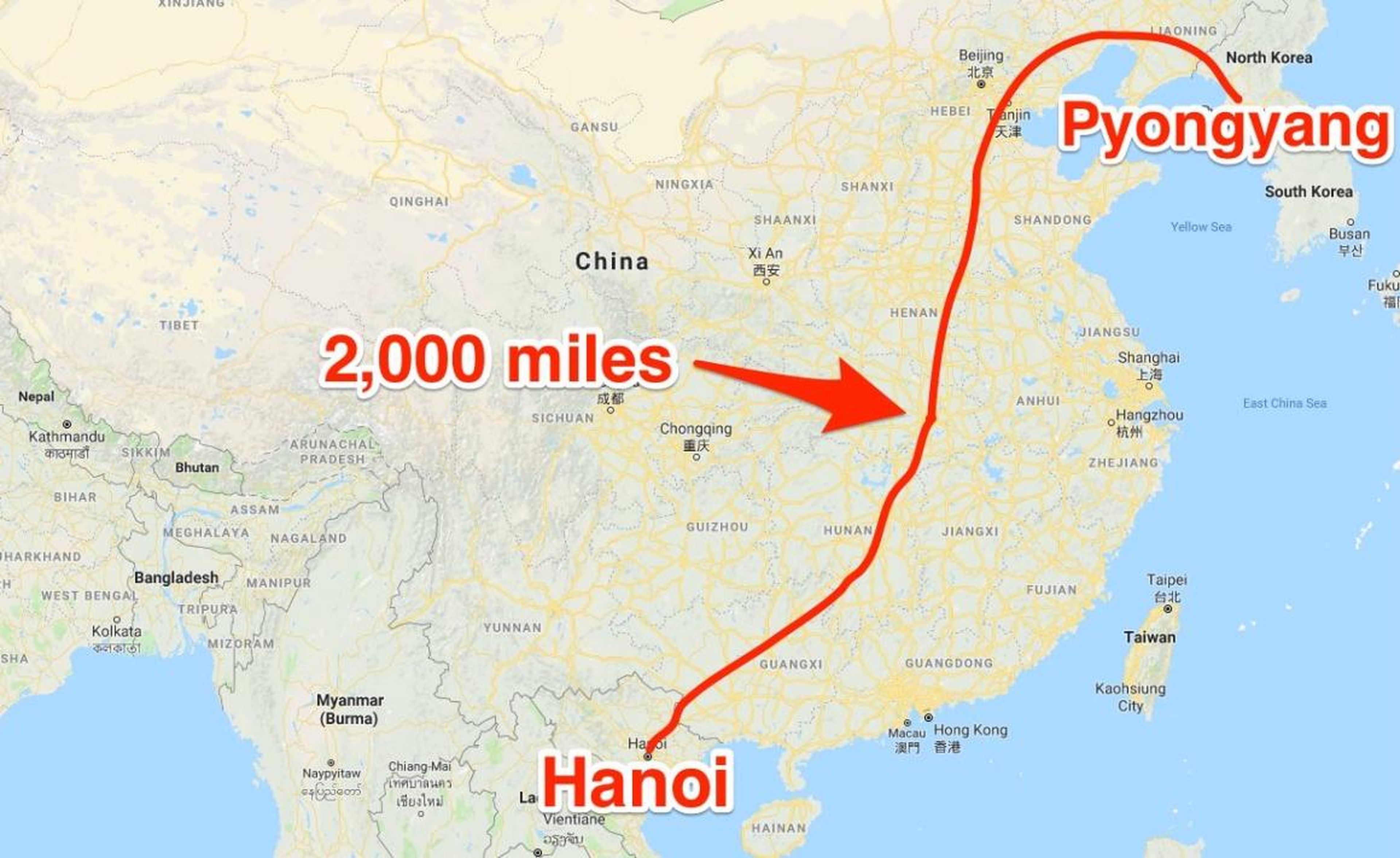 Ruta del viaje en tren de Kim Jong-Un hasta Hanoi