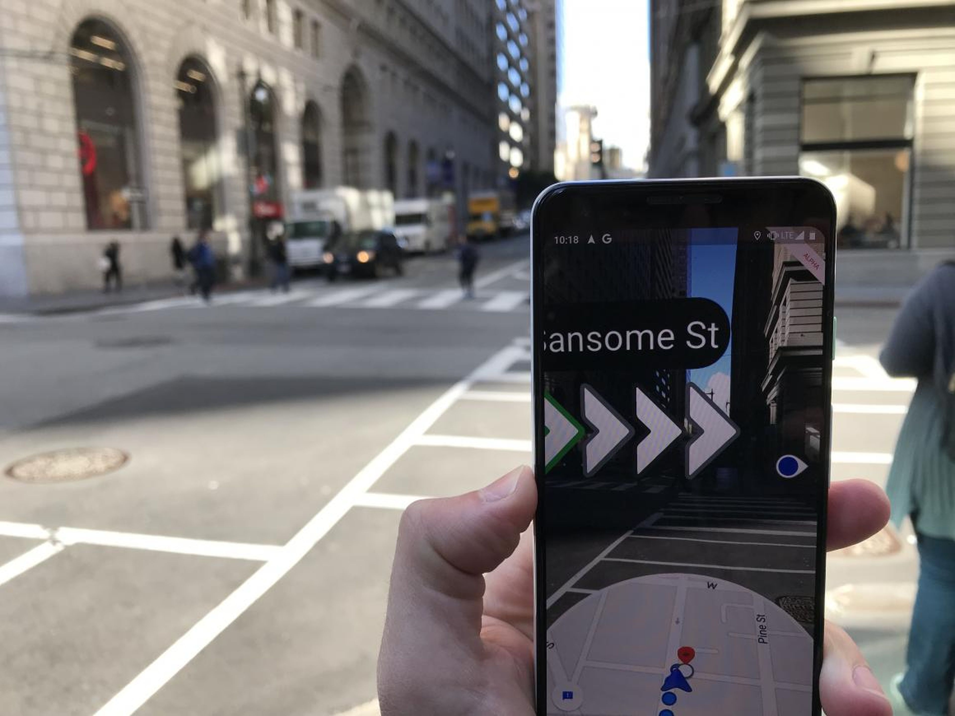 Once Google knows exactly where you are, it displays arrows on your screen to make sure you're on track and heading in the right direction.