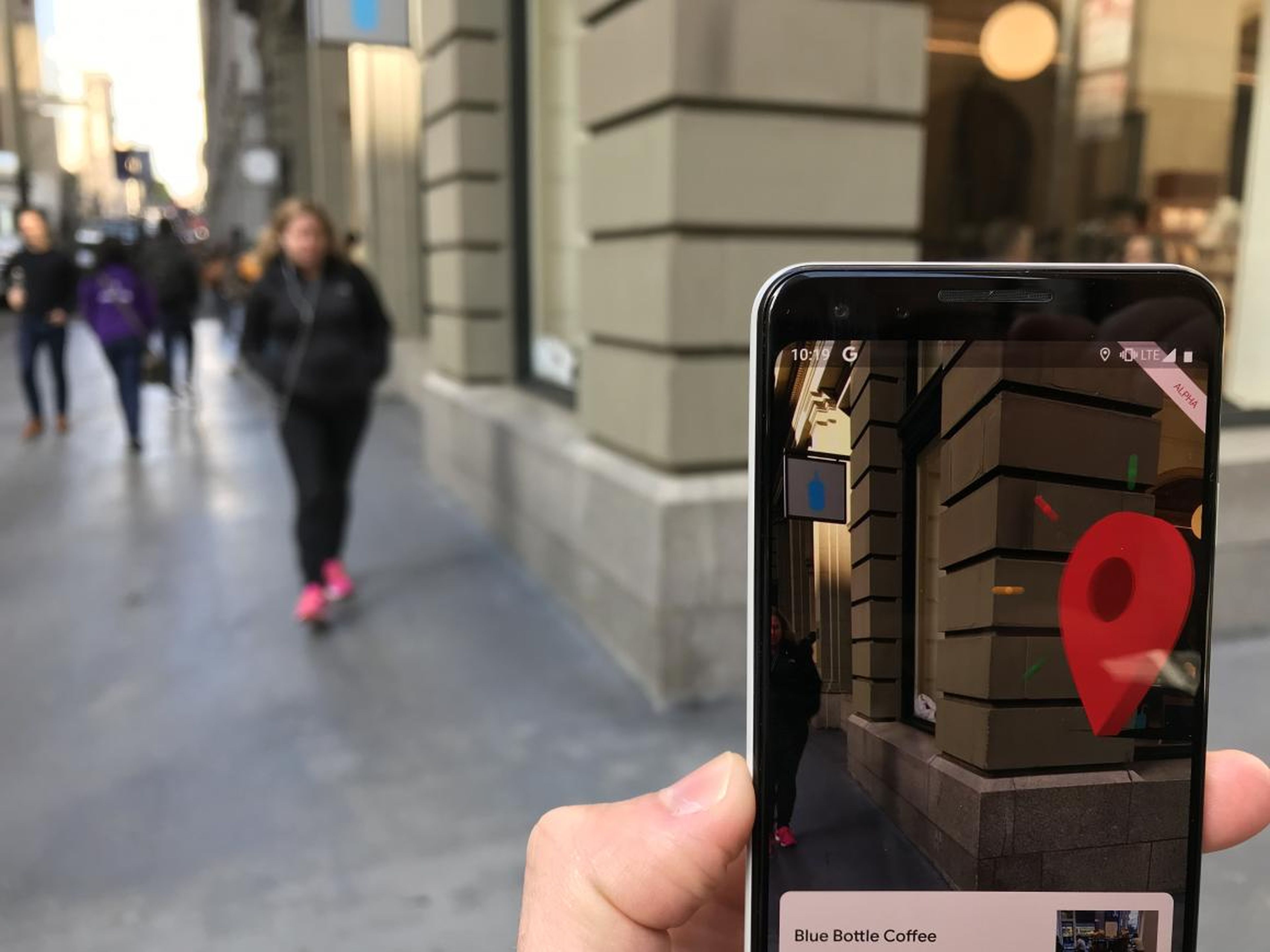 Once you arrive at your destination, a pin-drop will appear with a fun animation to accompany it. Since we were heading to grab a coffee, Google Maps also pulled up information about Blue Bottle in case we wanted to check out