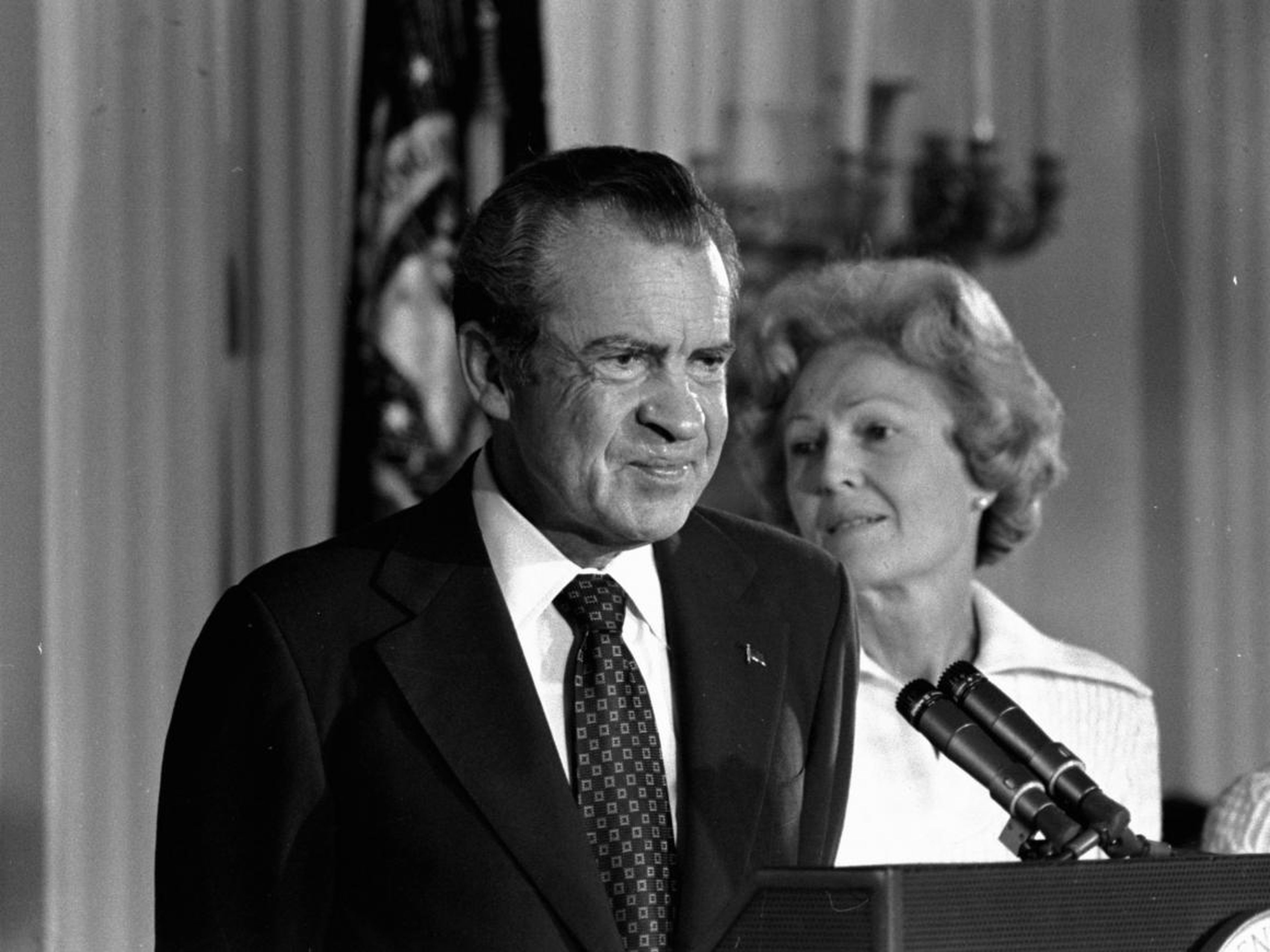 Plagued by the Watergate scandal, a glassy-eyed Nixon delivered a final speech for White House staff and members of his Cabinet in 1974.
