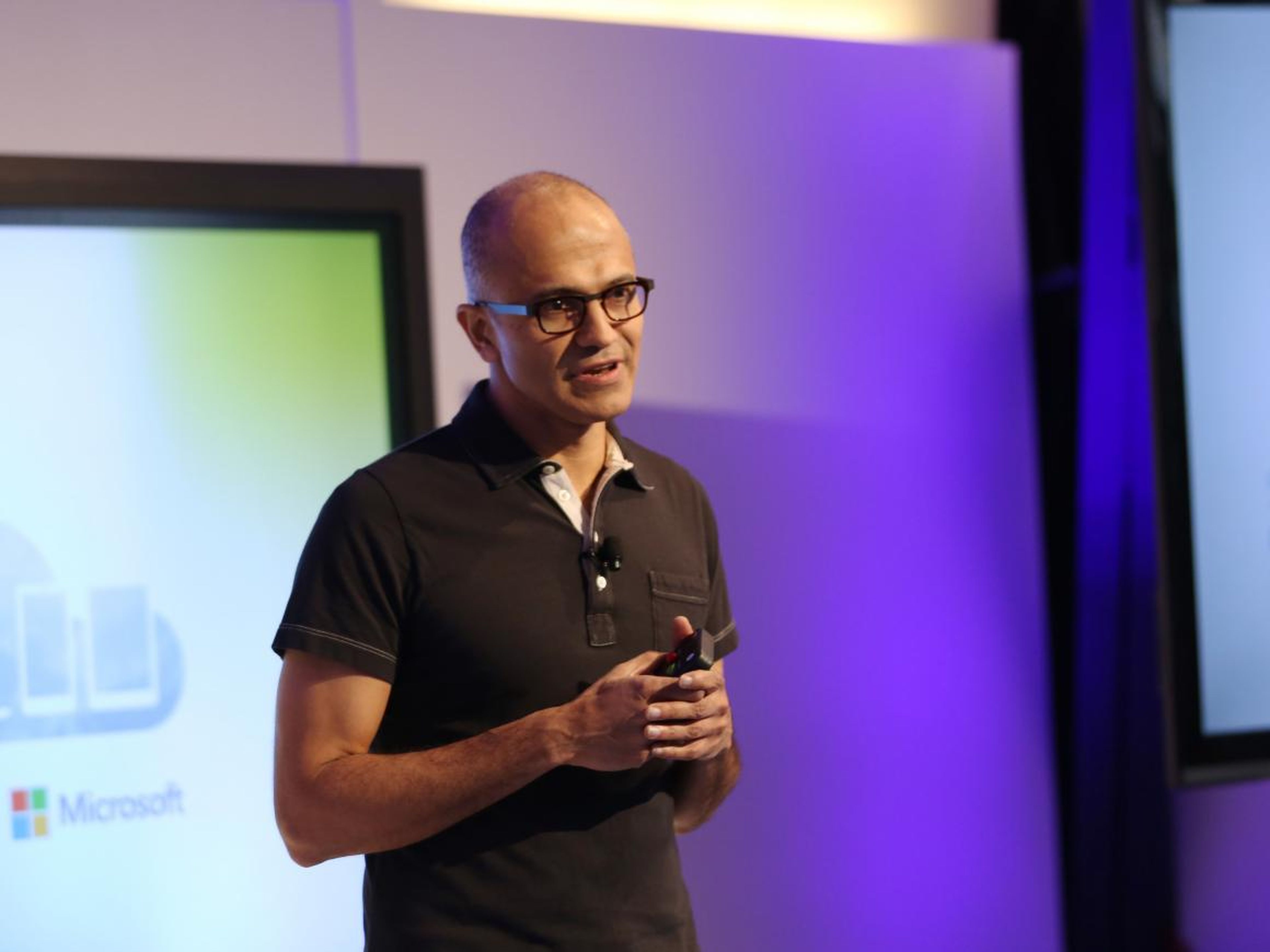 Nadella at his first major public appearance in 2014 after being named CEO of Microsoft.