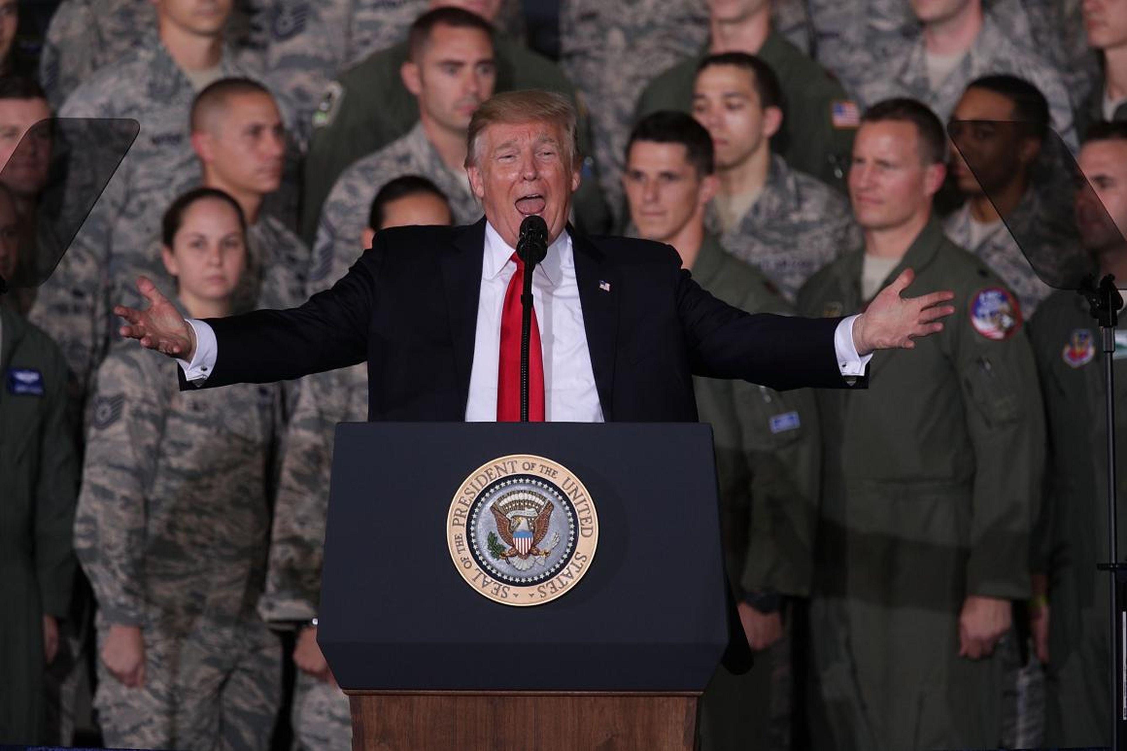 U.S. President Donald Trump speaks to Air Force personnel during an event September 15, 2017 at Joint Base Andrews in Maryland. President Trump attended the event to celebrate the 70th birthday of the U.S. Air Force.
