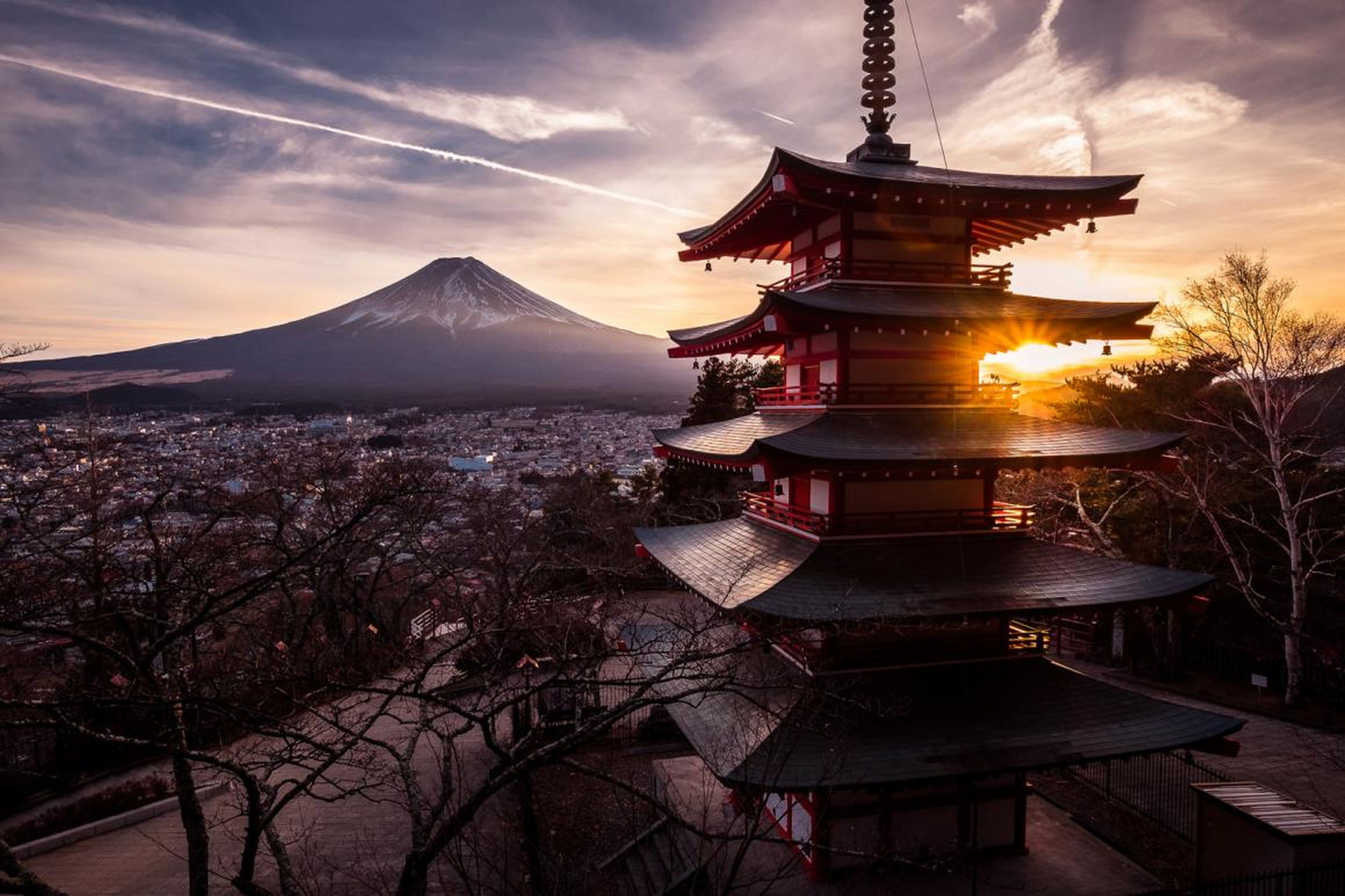 View from Mount Fuji of Chureito Pagoda, outside of Tokyo.