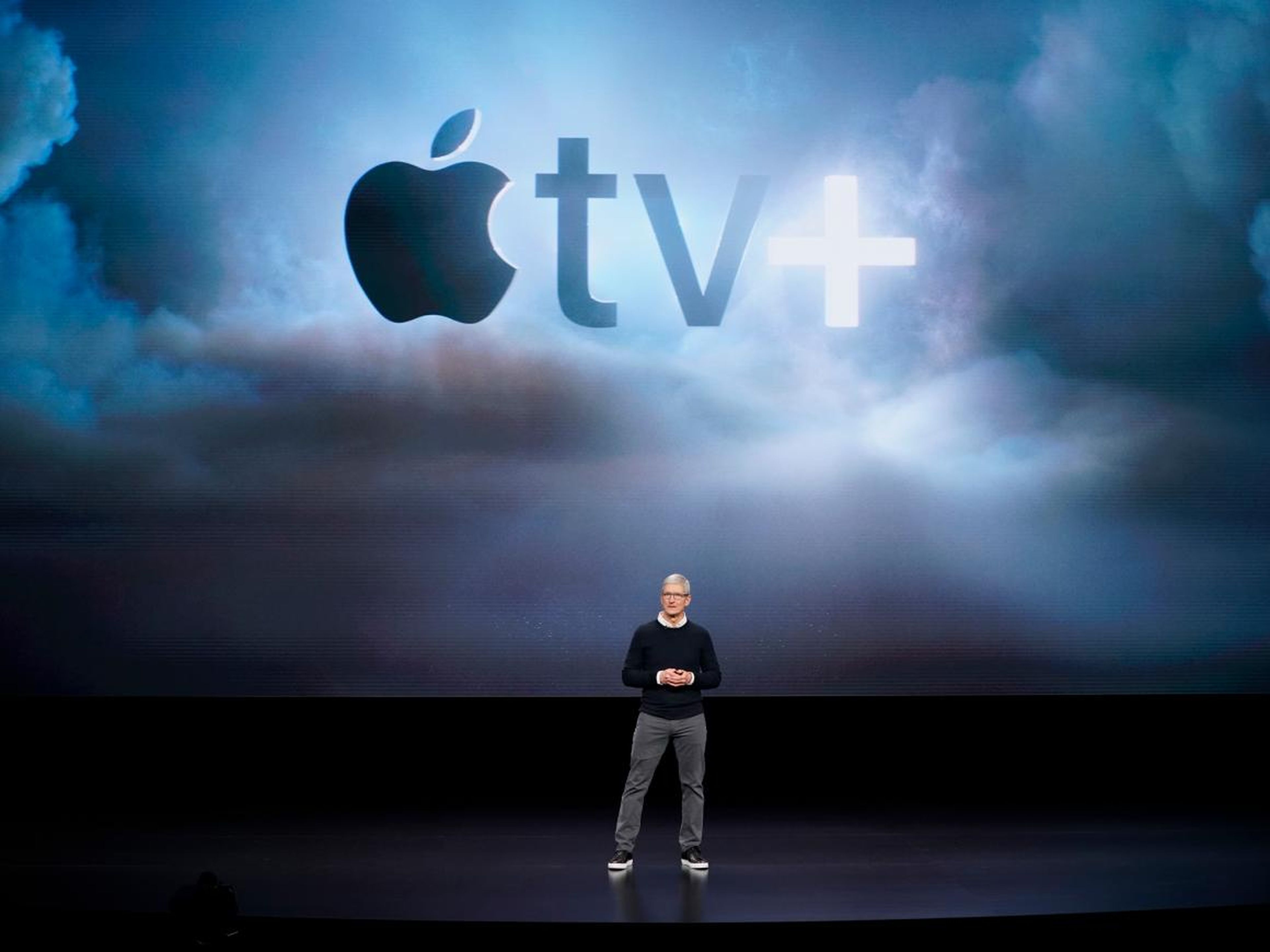 Apple CEO Tim Cook unveils the new Apple TV Plus at an event at Apple's headquarters.