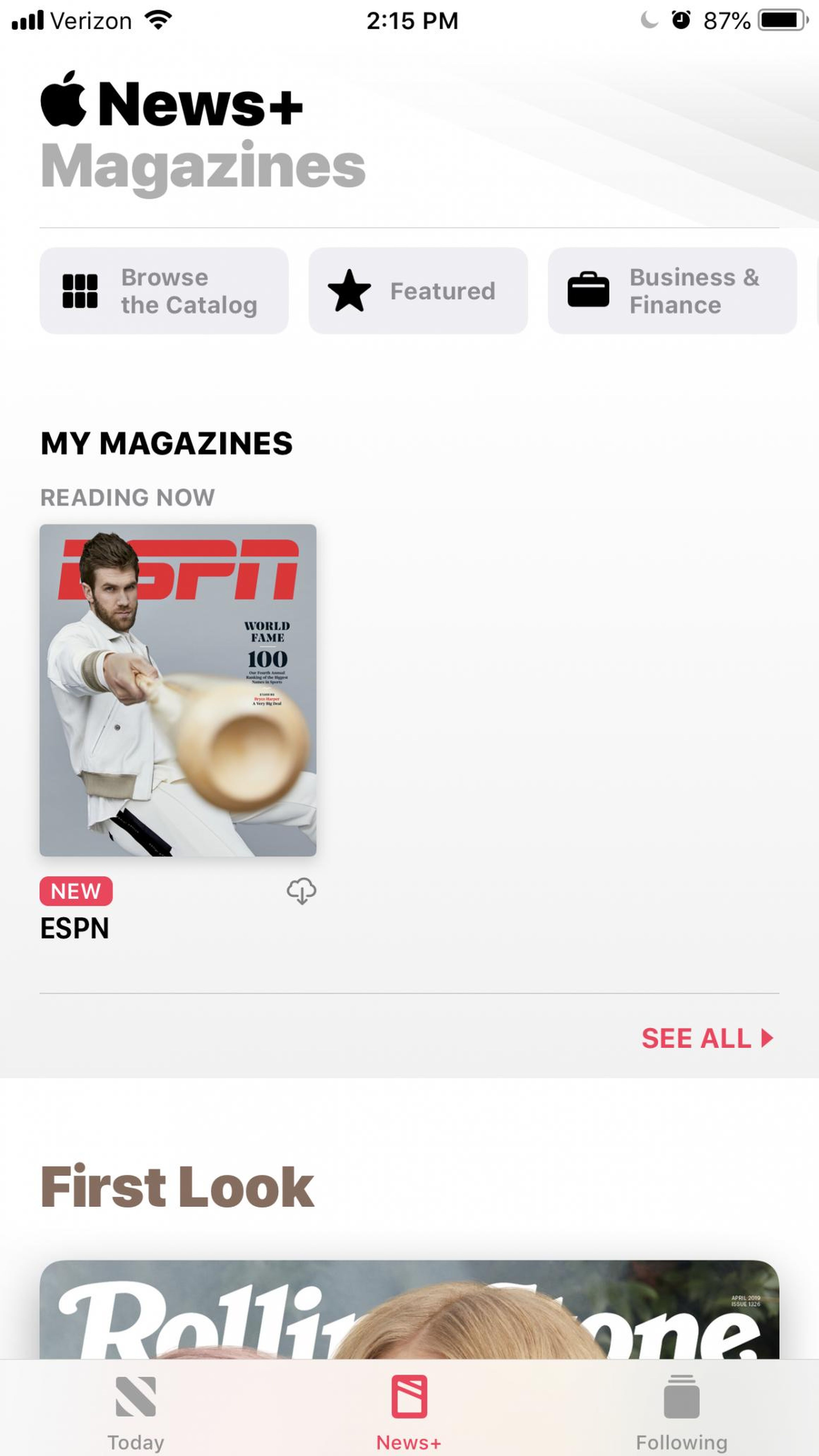 Apple News Plus keeps tabs on magazines you've read or like, keeping them in a section called "My Magazines."