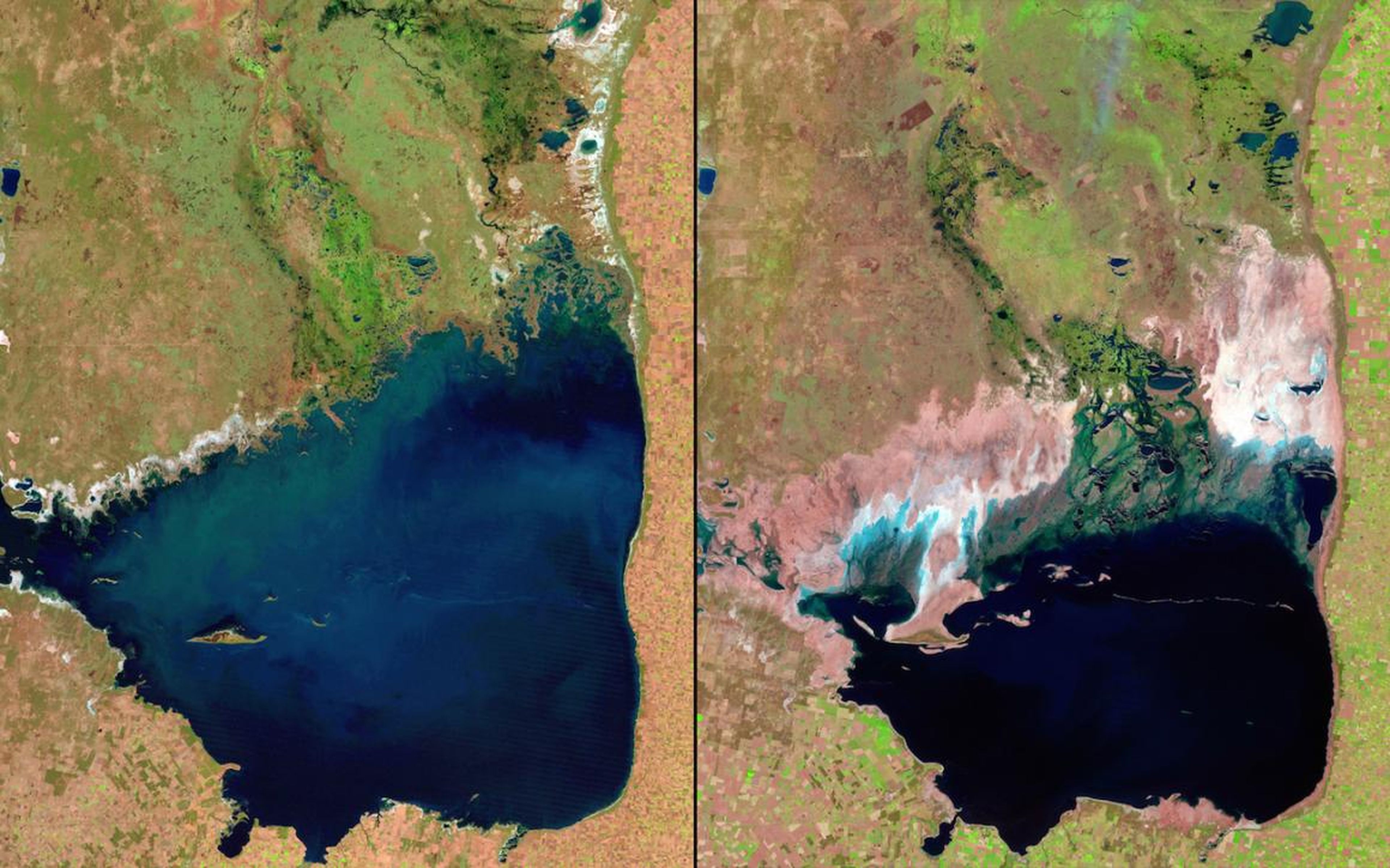 Argentina's Mar Chiquita Lake has also gotten significantly smaller. The image on the left is from 1998, and the lake is shown in 2011 on the right.