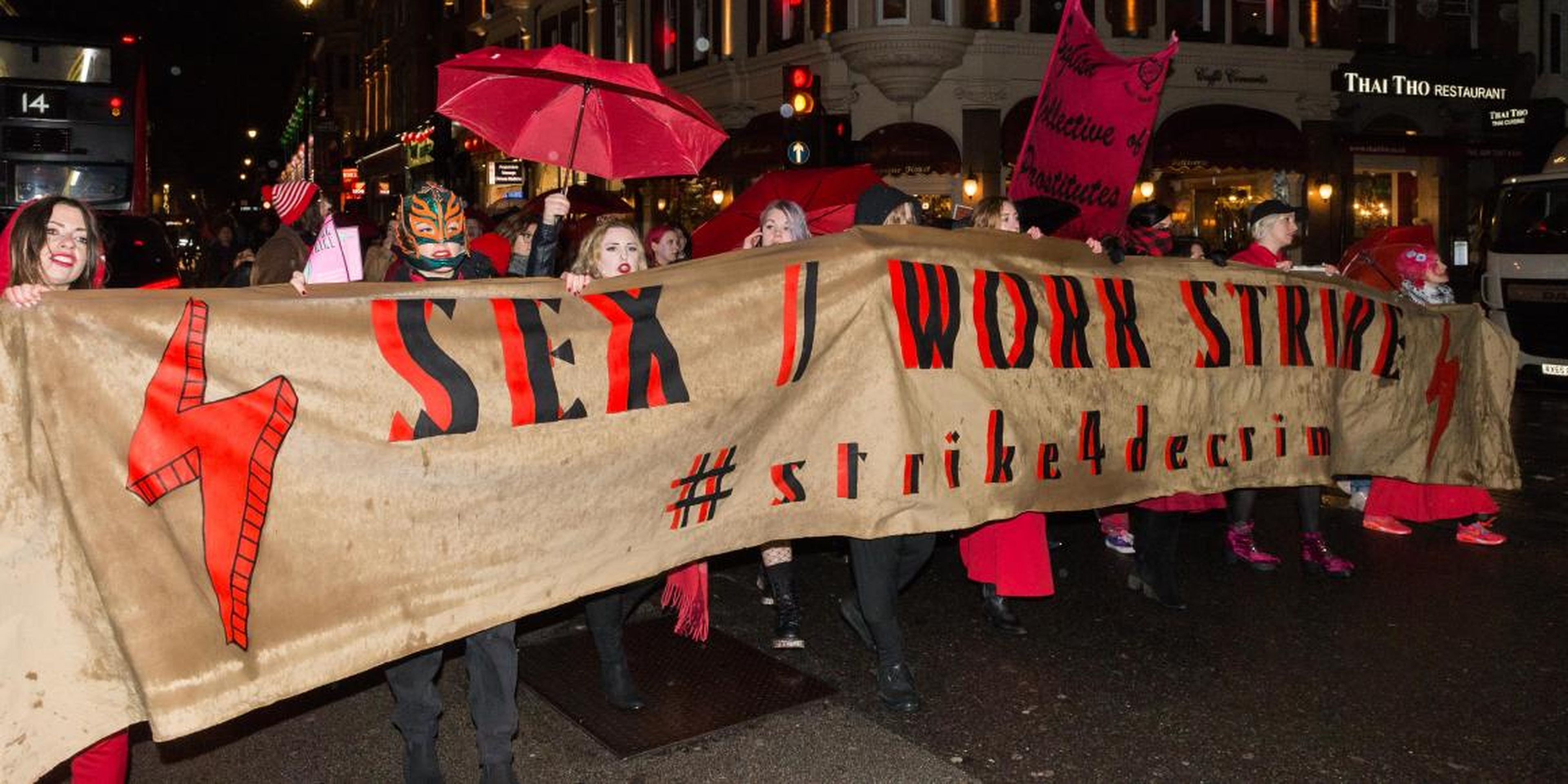 British sex workers protest the criminalisation of sex work in London on International Women's day, March 2019.