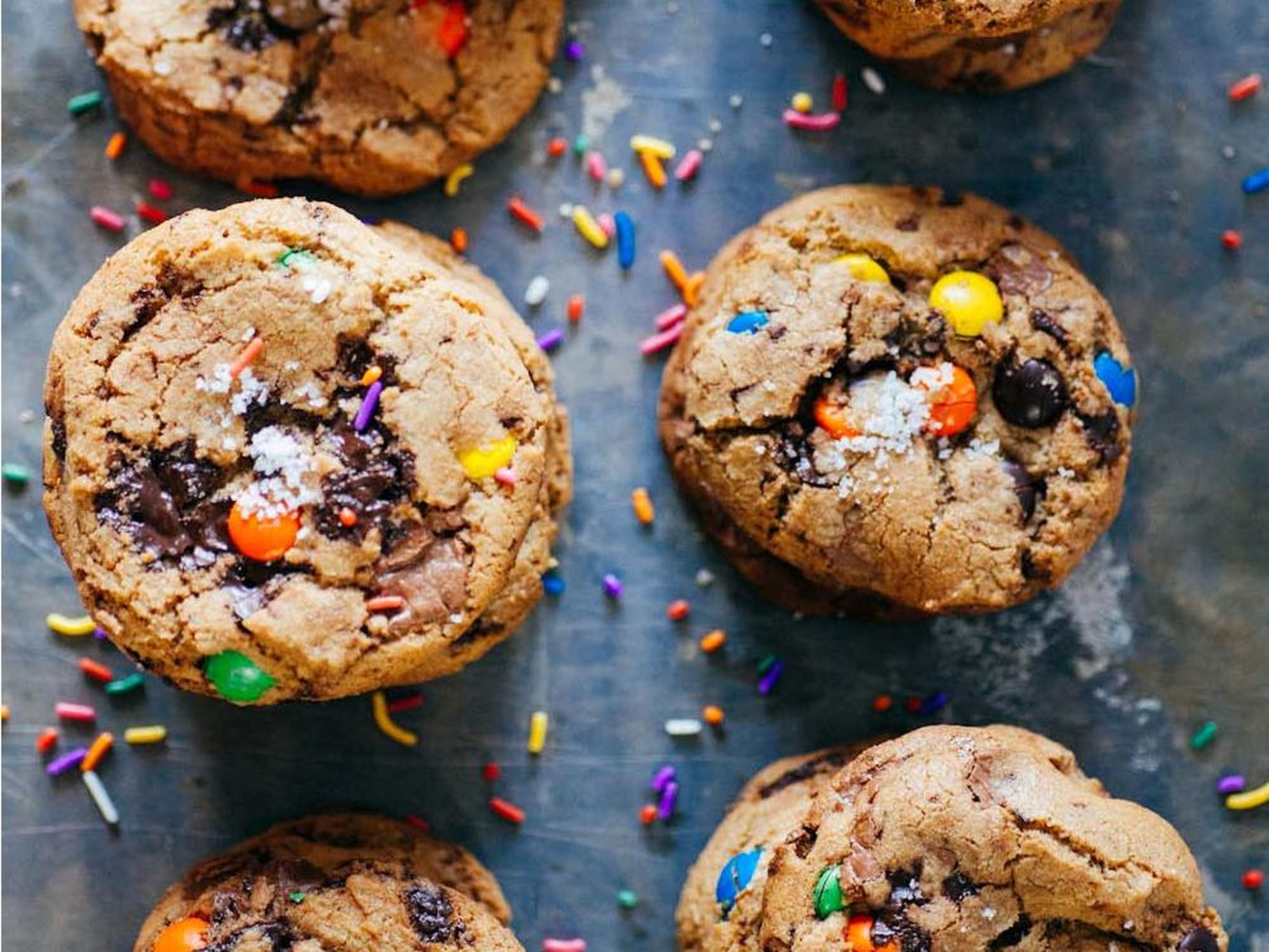 Chocolate chip cookies with candy and sprinkles.