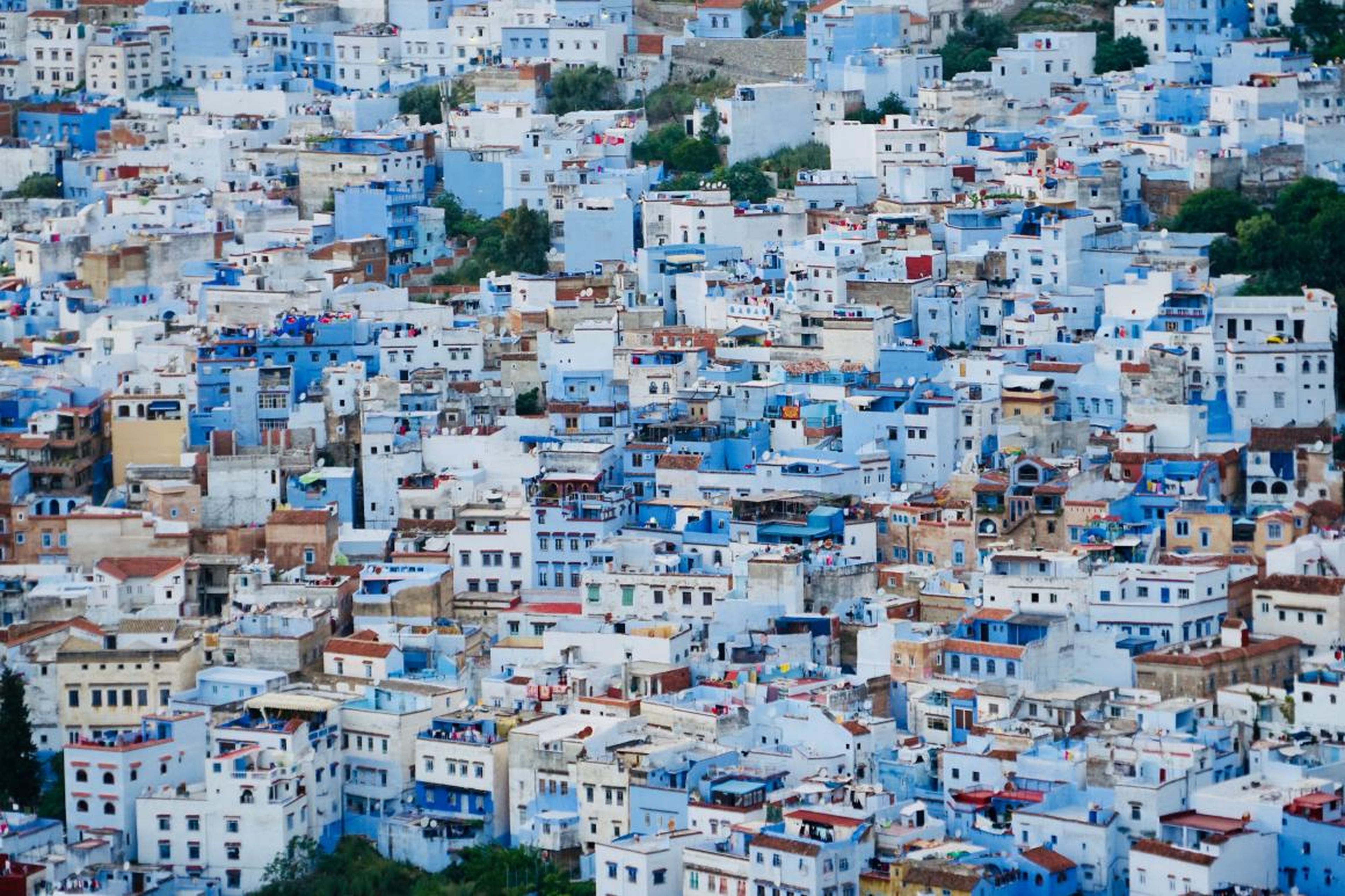 La mayor parte de la ciudad está pintada en diferentes tonos de azul.