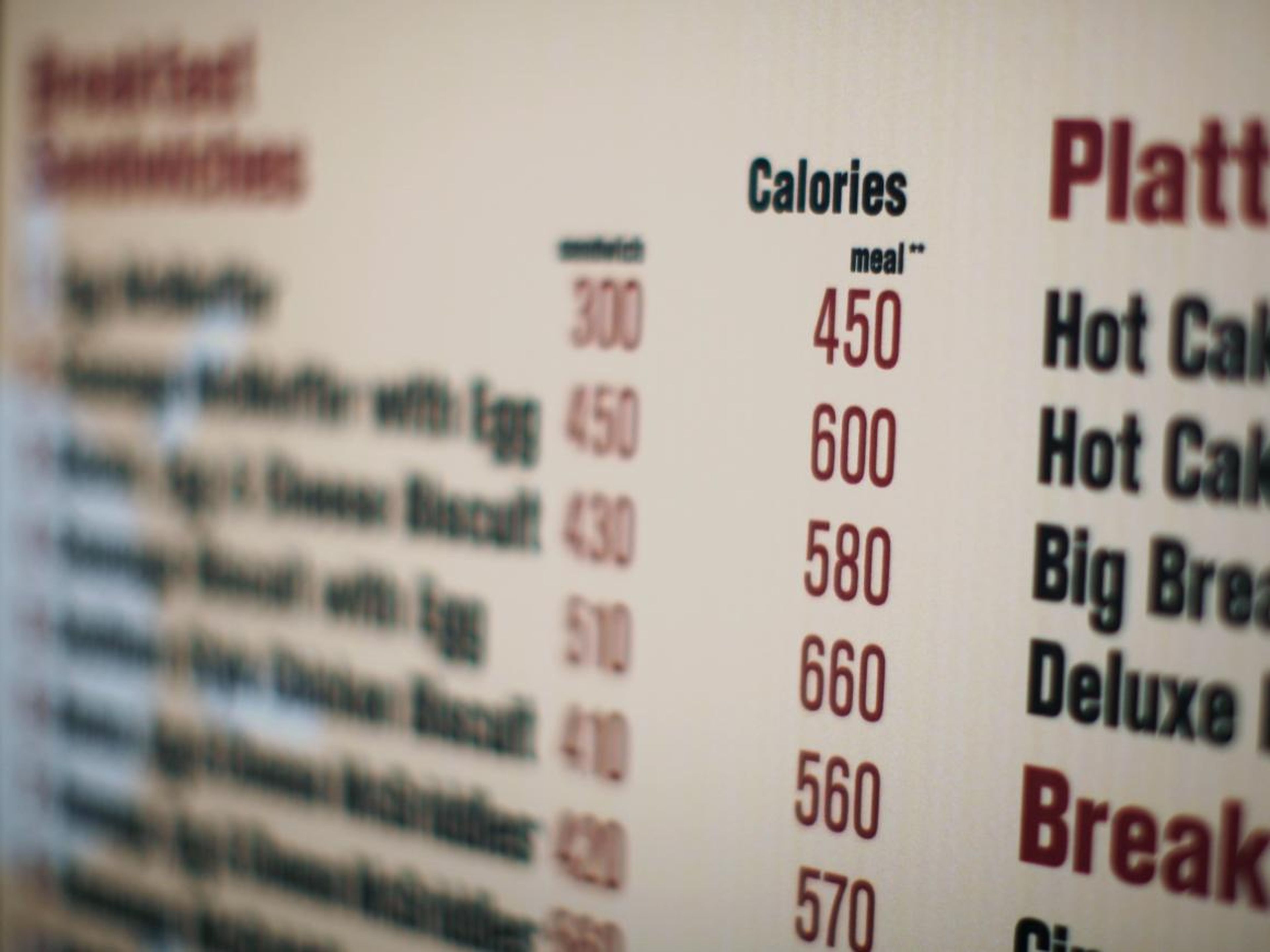 Calorie counts on a McDonald's drive-thru menu in New York.