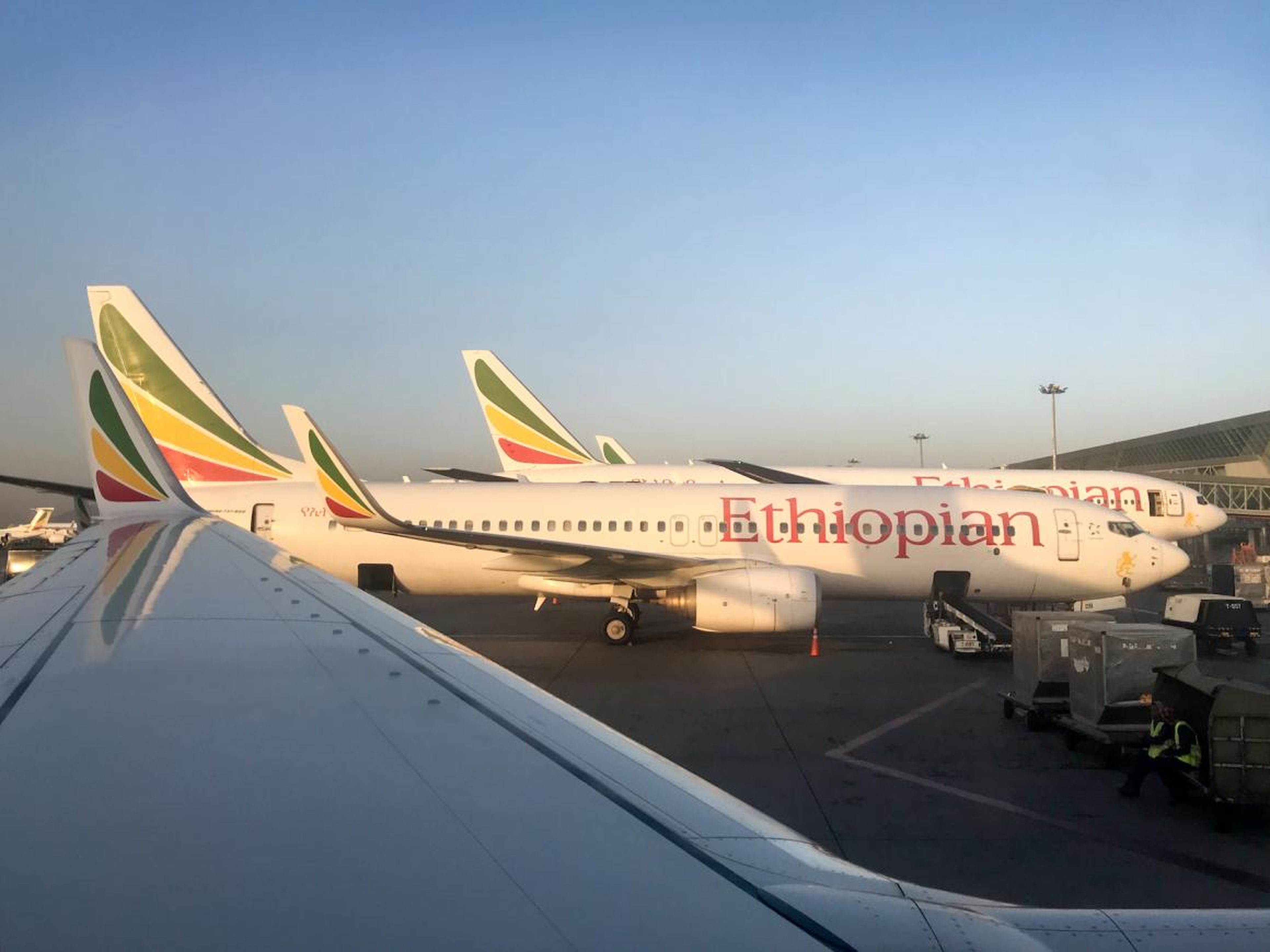 An Ethiopian Airlines Boeing 737-800 parked at Bole International Airport in Addis Ababa, Ethiopia.